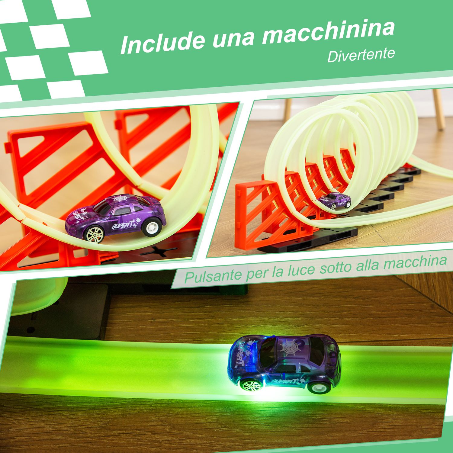 Pista per macchinine con effetti luminosi e automobilina, per bambini da 3-6 anni, 86x67x21cm - 