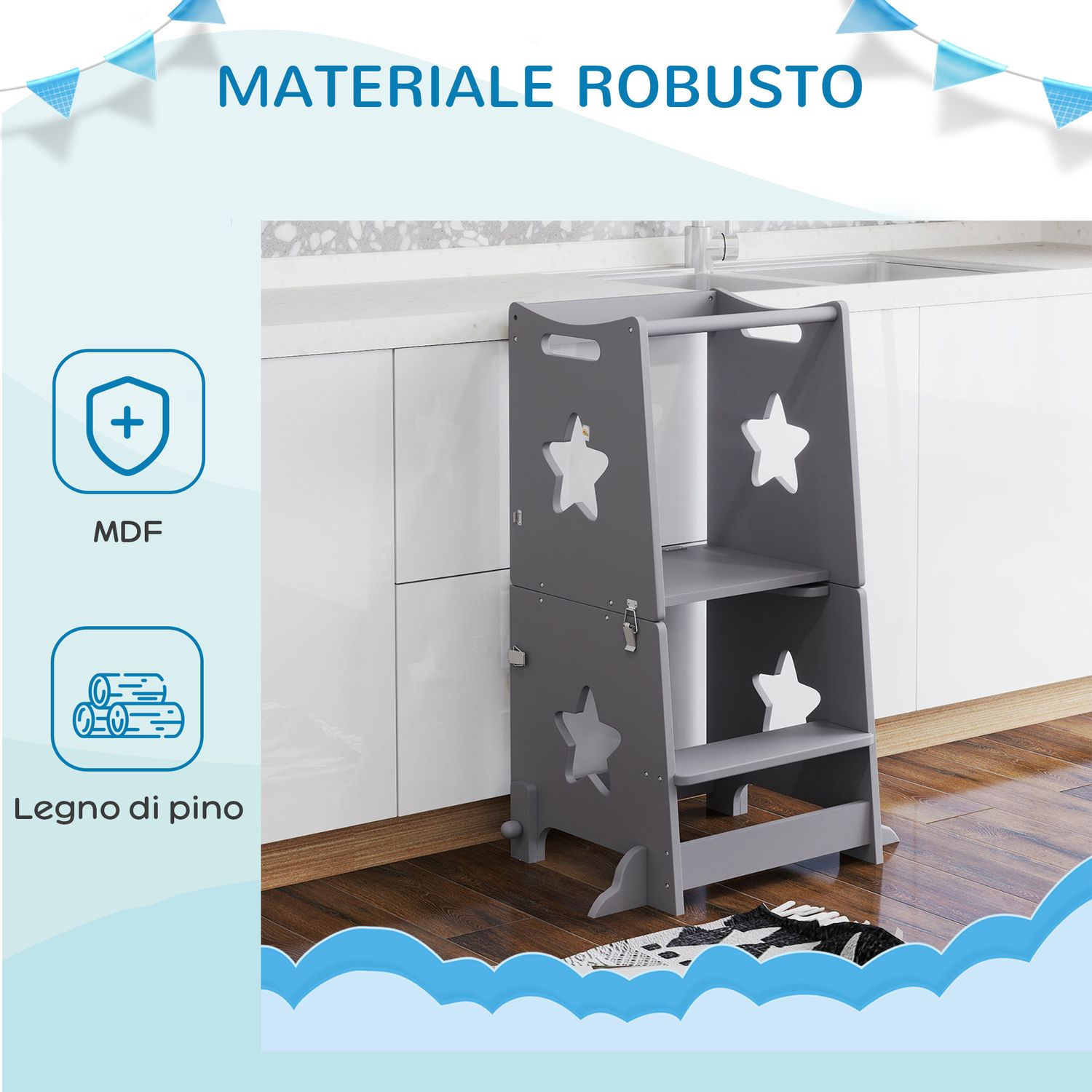 Scala montessori convertibile in set tavolo e sedie con barra di sicurezza, in legno, 60x44.5x86 cm, grigio - 