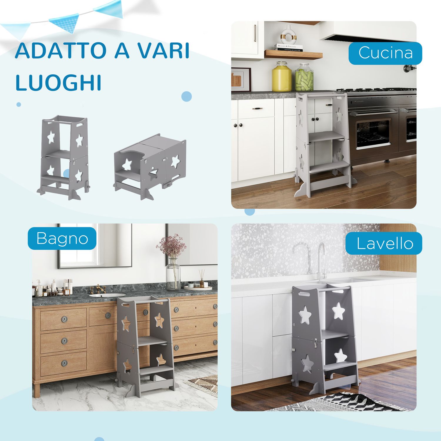 Scala montessori convertibile in set tavolo e sedie con barra di sicurezza, in legno, 60x44.5x86 cm, grigio - 