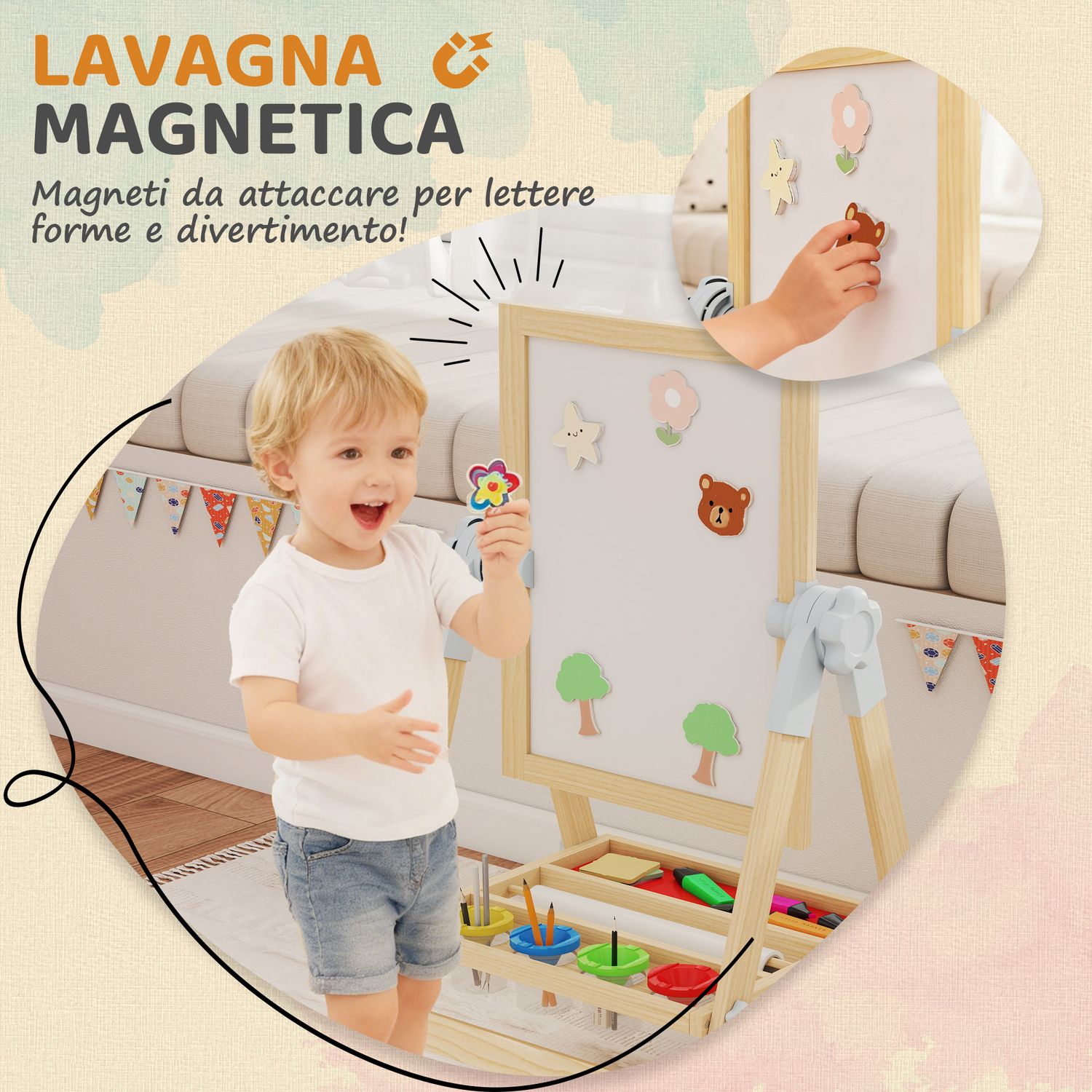 Cavalletto per bambini doppia lavagna per gesso e pennarelli, lavagnetta magnetica e rotolo di carta, legno - 