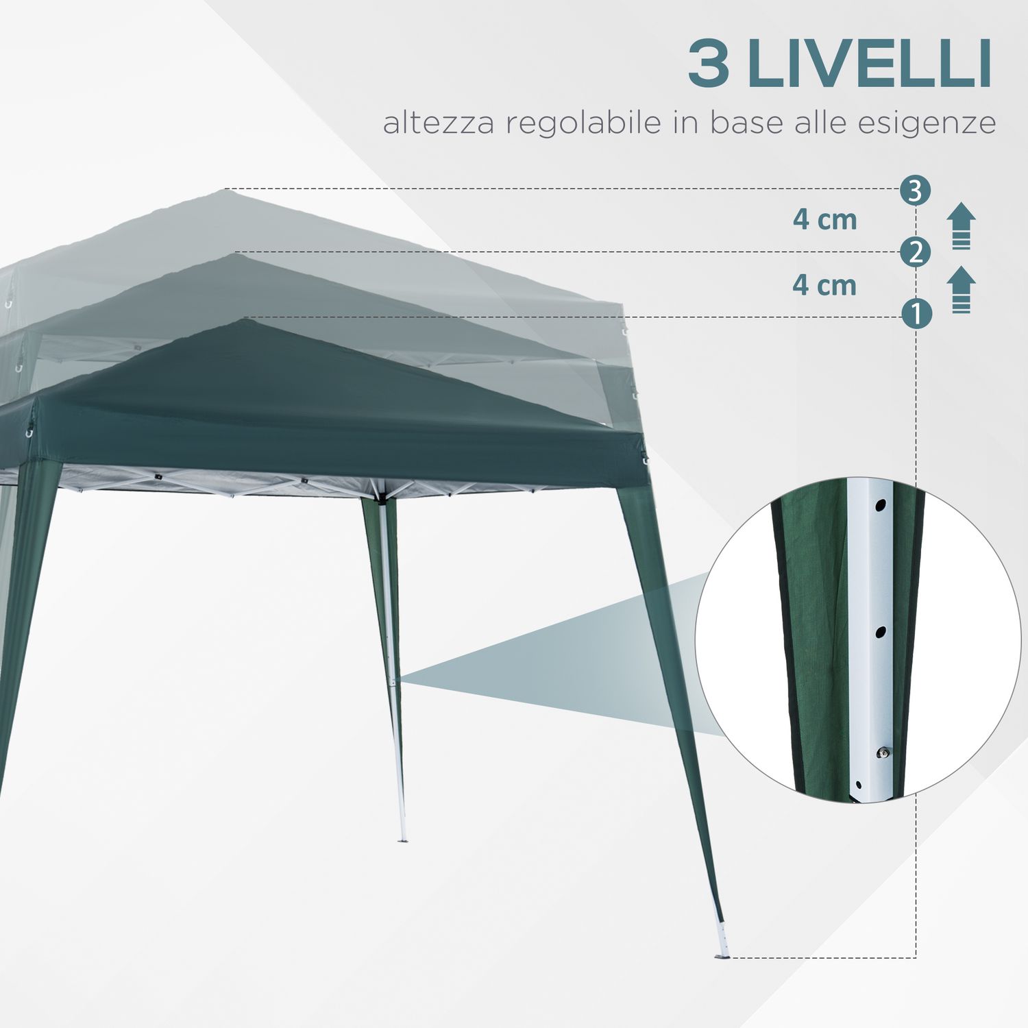 Gazebo pieghevole da giardino 2.4x2.4m con struttura in acciaio e corde antivento, verde - 