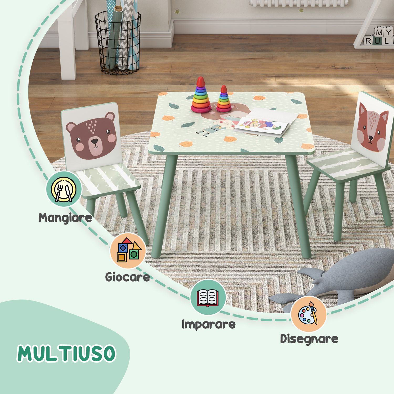 Set tavolo e sedie 3 pezzi per bambini 3-8 anni in mdf e legno di pino, verde - 