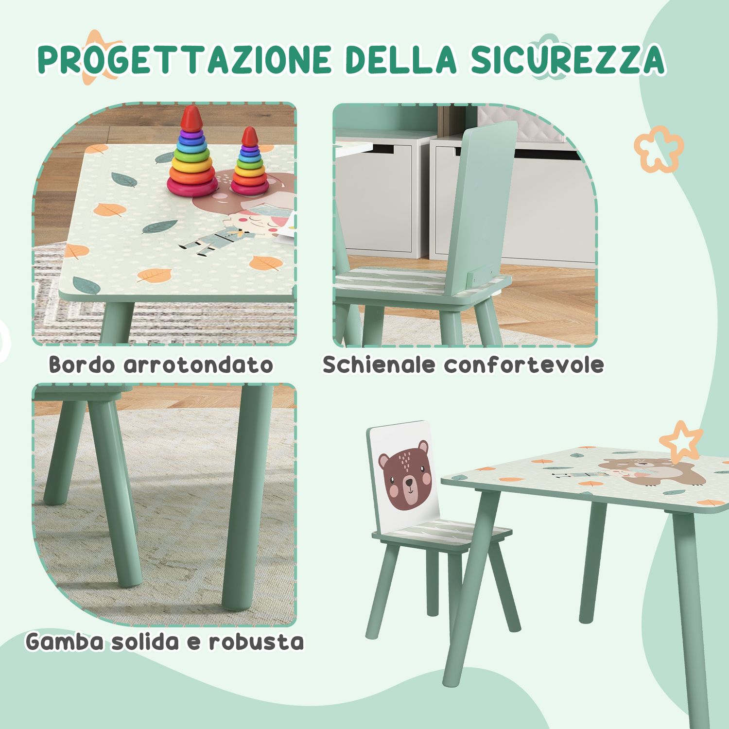 Set tavolo e sedie 3 pezzi per bambini 3-8 anni in mdf e legno di pino, verde - 