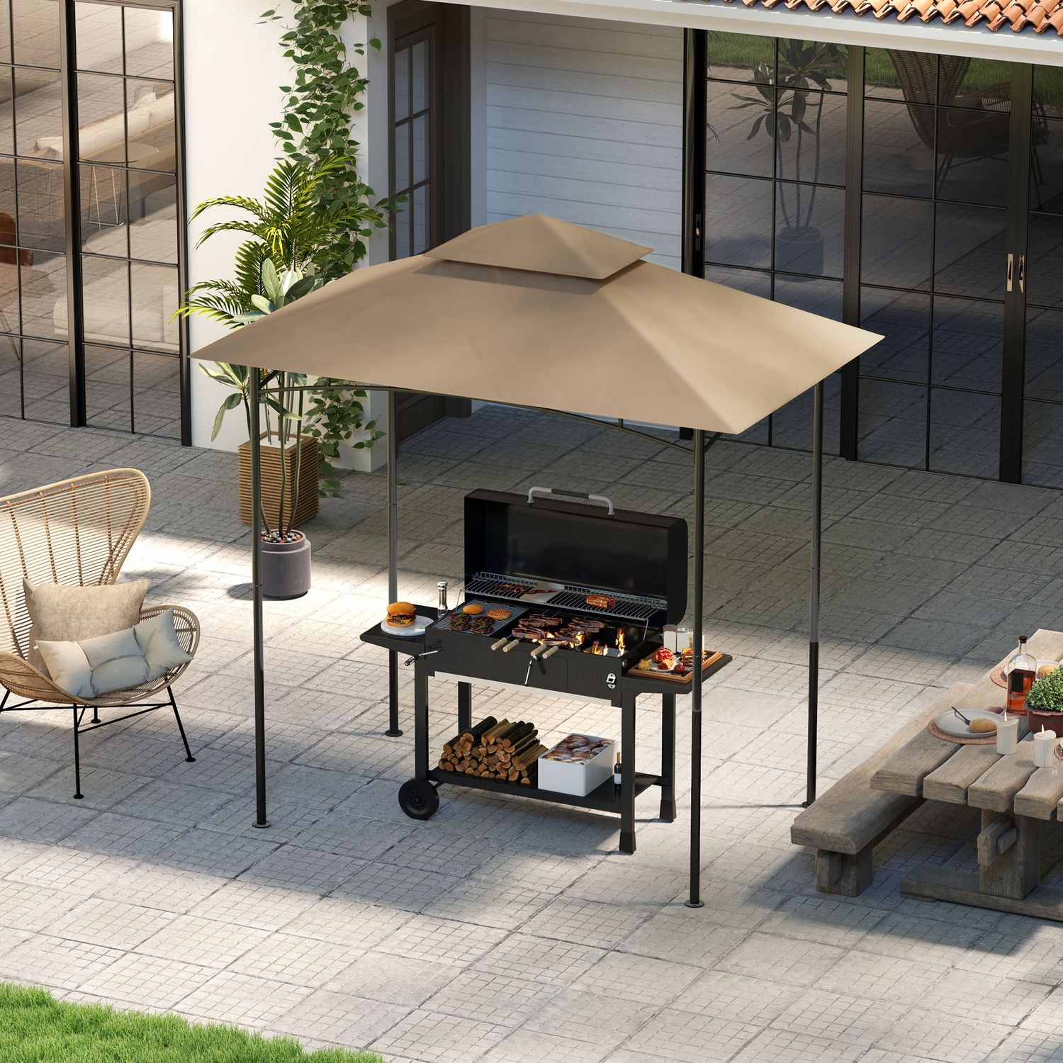 Copertura per gazebo da giardino per barbecue 1.52x2.44 m a 2 livelli in poliestere 160gsm cachi - 