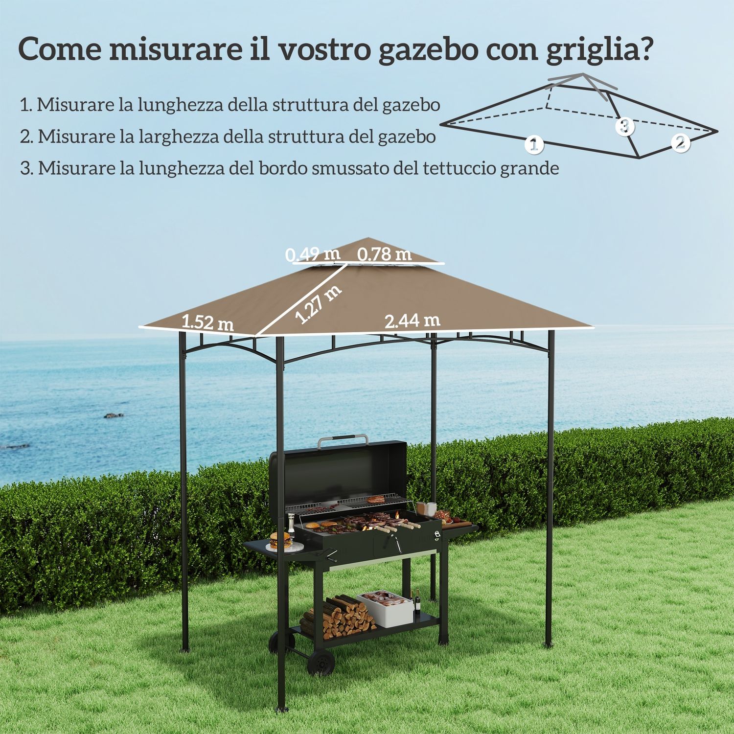 Copertura per gazebo da giardino per barbecue 1.52x2.44 m a 2 livelli in poliestere 160gsm cachi - 