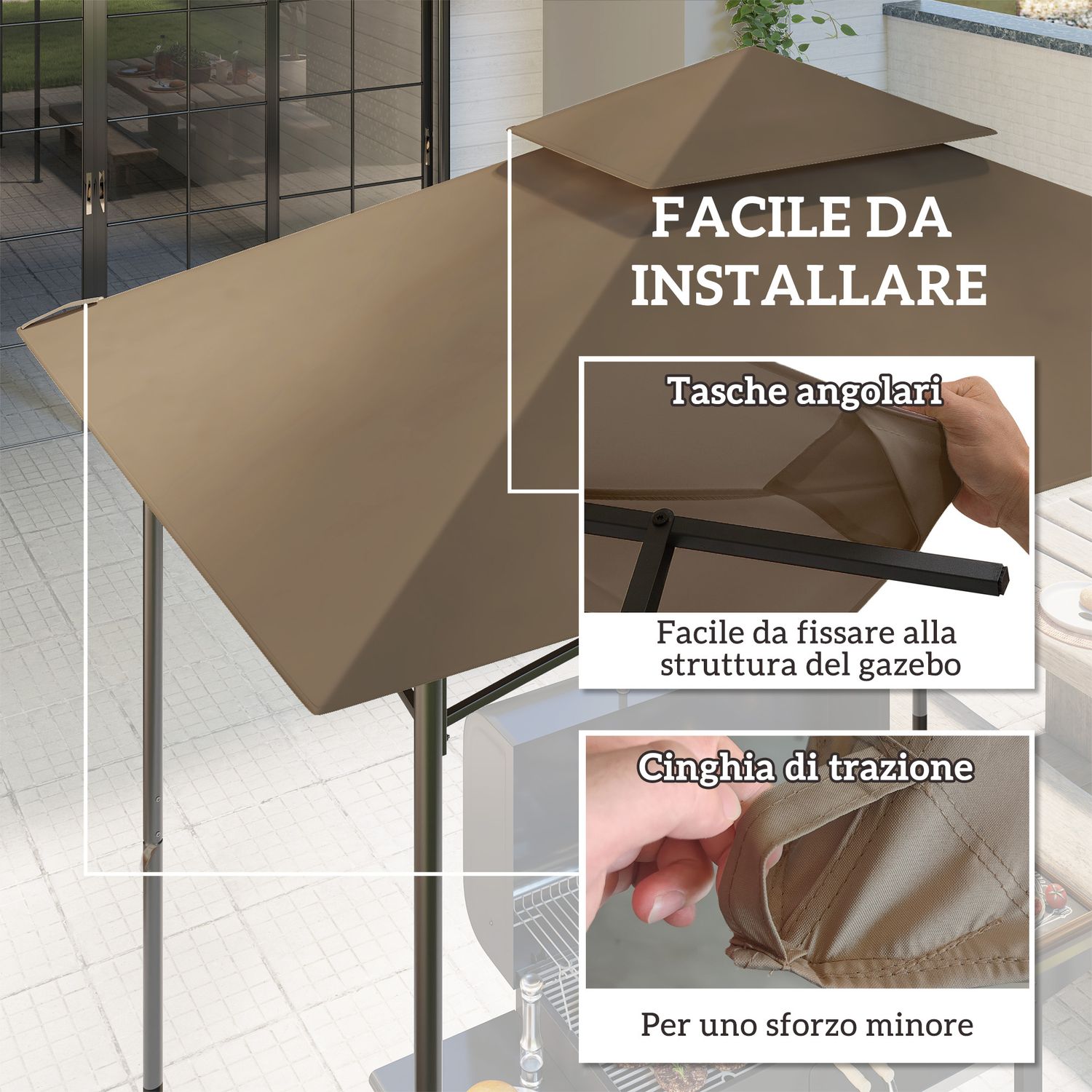 Copertura per gazebo da giardino per barbecue 1.52x2.44 m a 2 livelli in poliestere 160gsm cachi - 