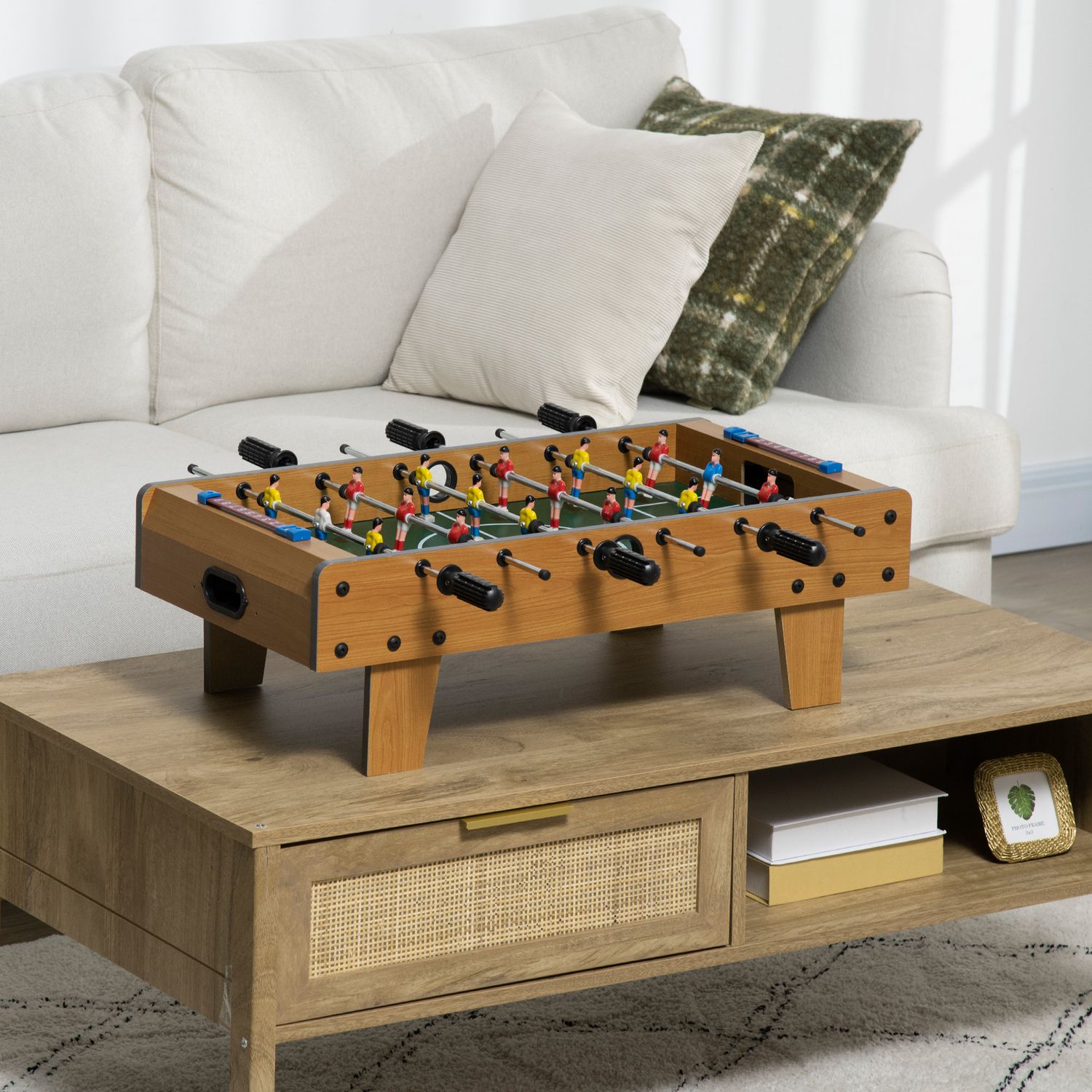 Calcio balilla pieghevole per adulti e bambini con 2 palline e segnapunti, in legno, 69x36.5x22 cm, color legno - 