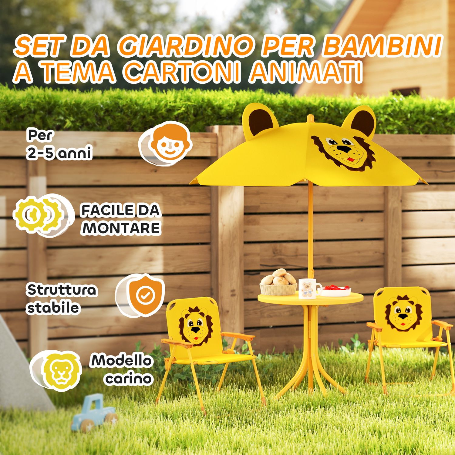 Set da giardino per bambini 2-5 anni con tavolino rotondo, 2 sedie pieghevoli e un ombrellone, giallo - 