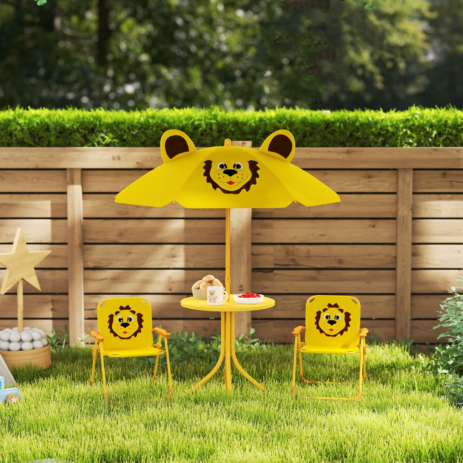 Set da giardino per bambini 2-5 anni con tavolino rotondo, 2 sedie pieghevoli e un ombrellone, giallo - 