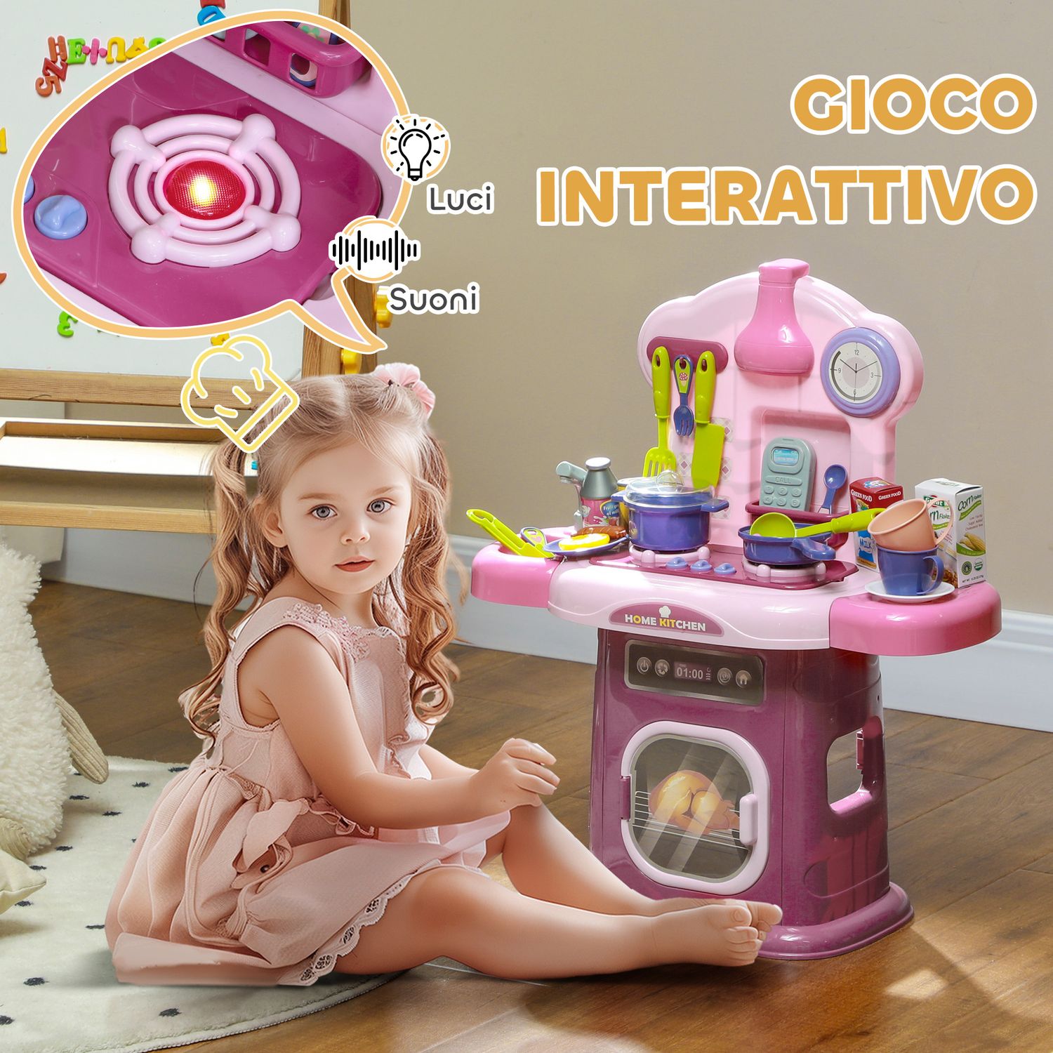 Cucina giocattolo per bambini 3-6 anni con 38 accessori e suoni realistici, in pp e abs, 51x21x60 cm, rosa - 