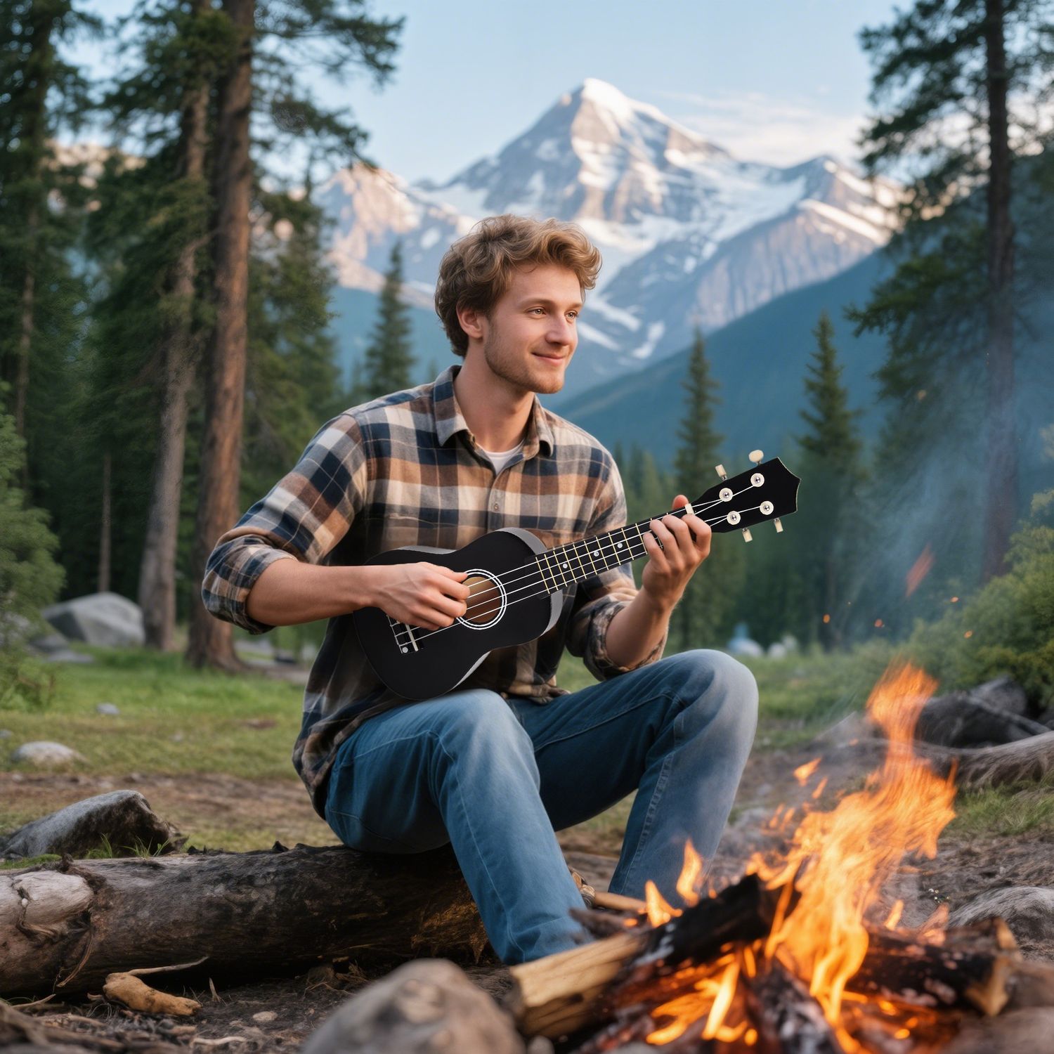 Ukulele per principianti da 21 pollici in legno con corde in nylon, plettro e corda di ricambio, nero - 