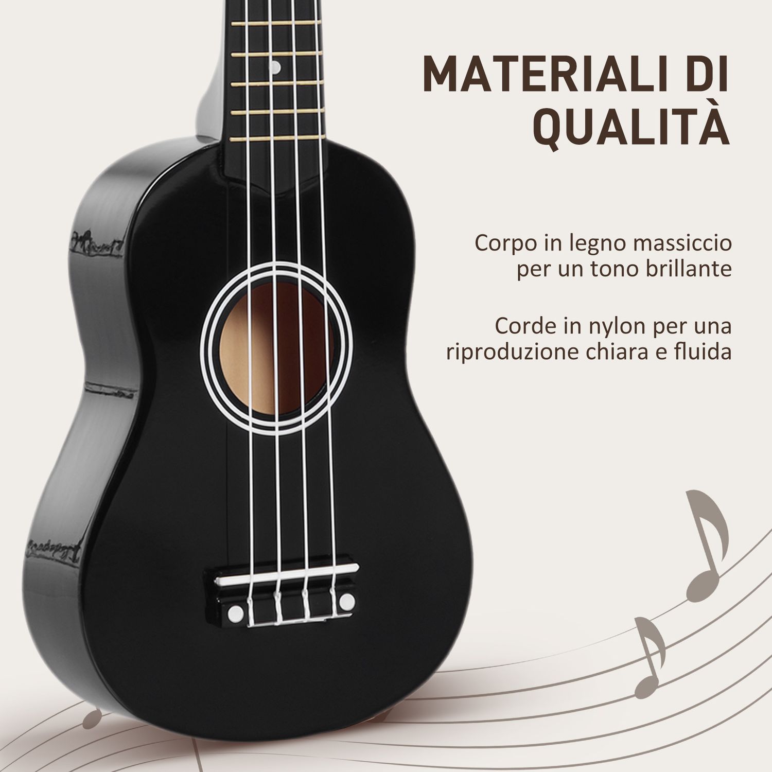 Ukulele per principianti da 21 pollici in legno con corde in nylon, plettro e corda di ricambio, nero - 