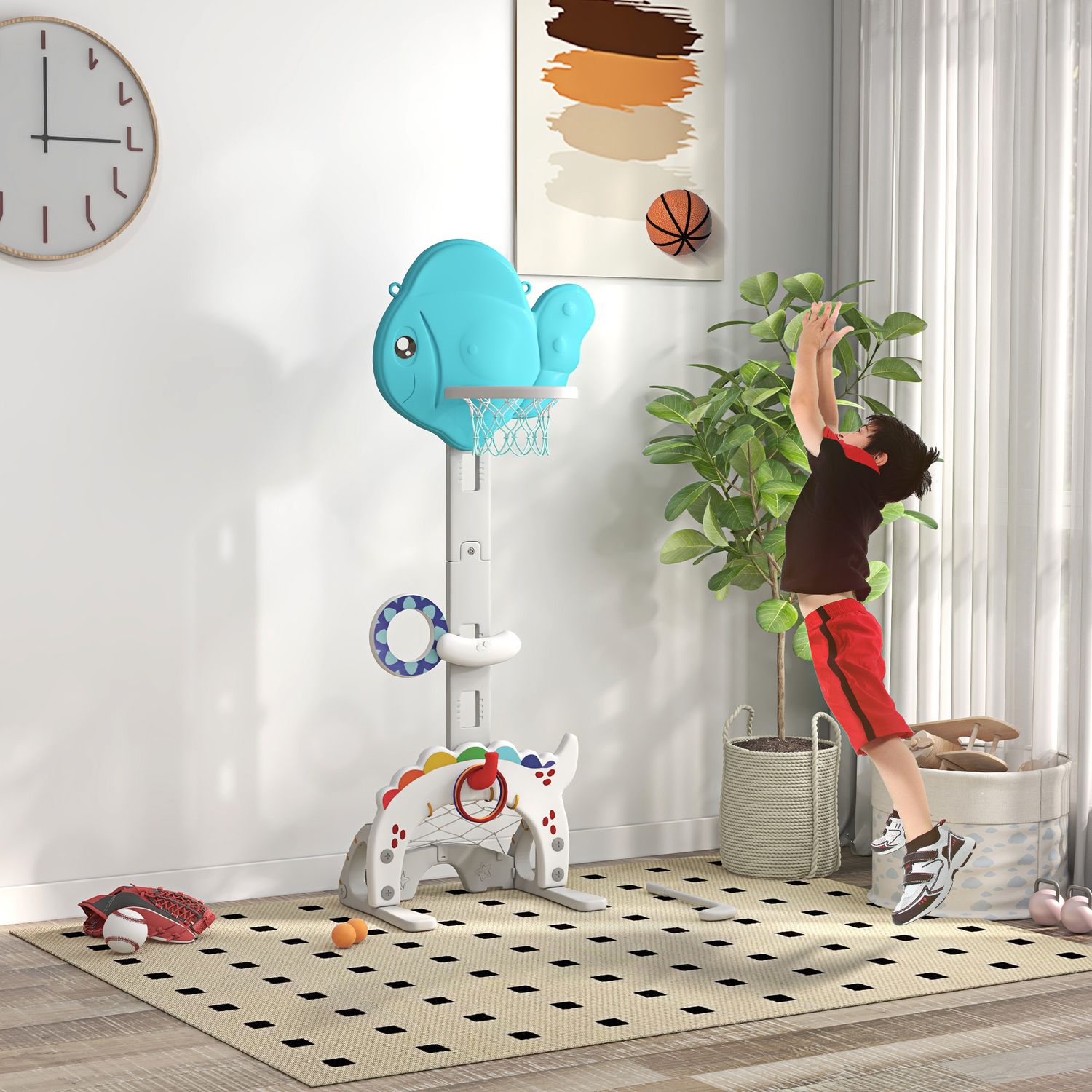 Canestro basket per bambini 5 in 1 con altezza regolabile, porta da calcio e golf, età 3-6 anni - 