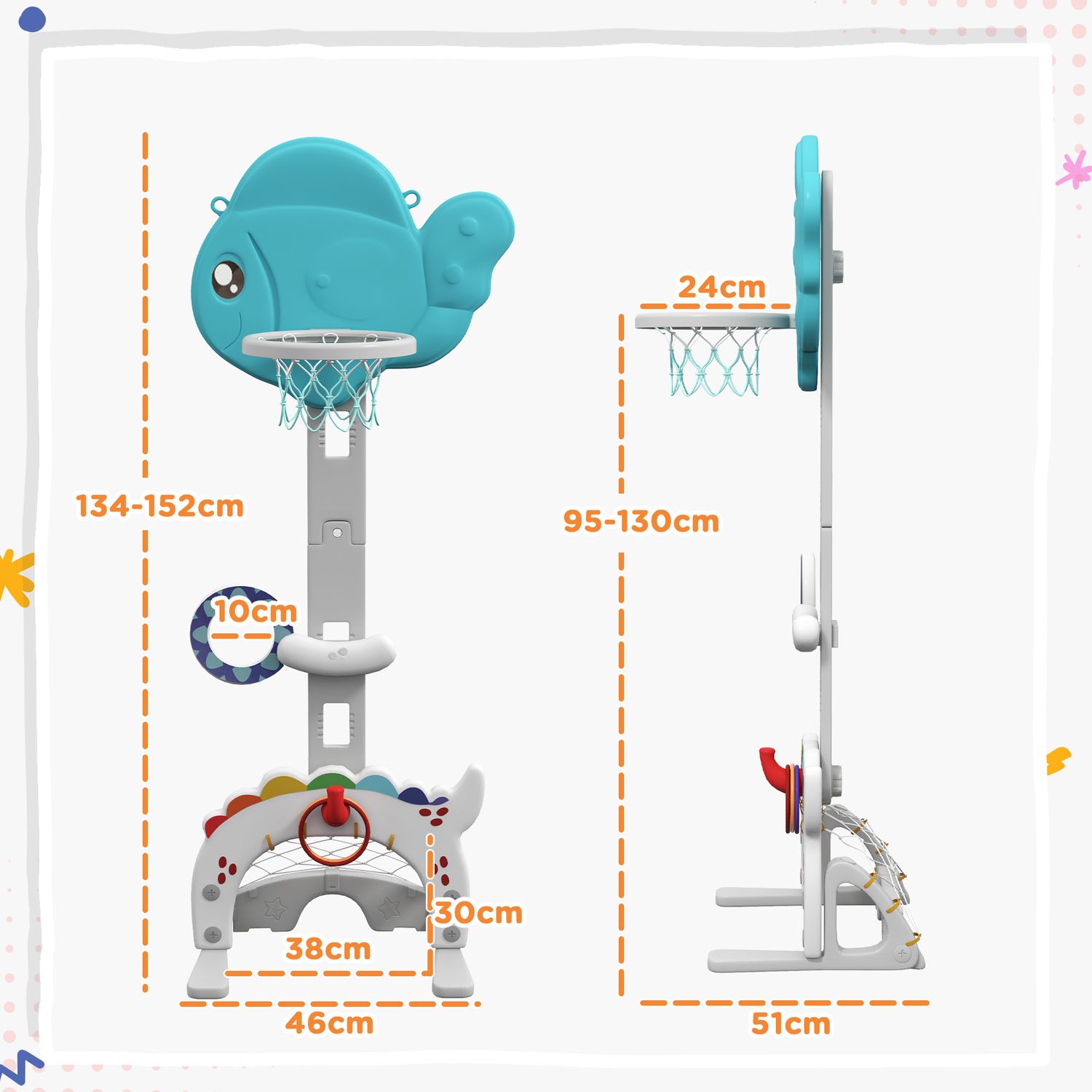 Canestro basket per bambini 5 in 1 con altezza regolabile, porta da calcio e golf, età 3-6 anni - 
