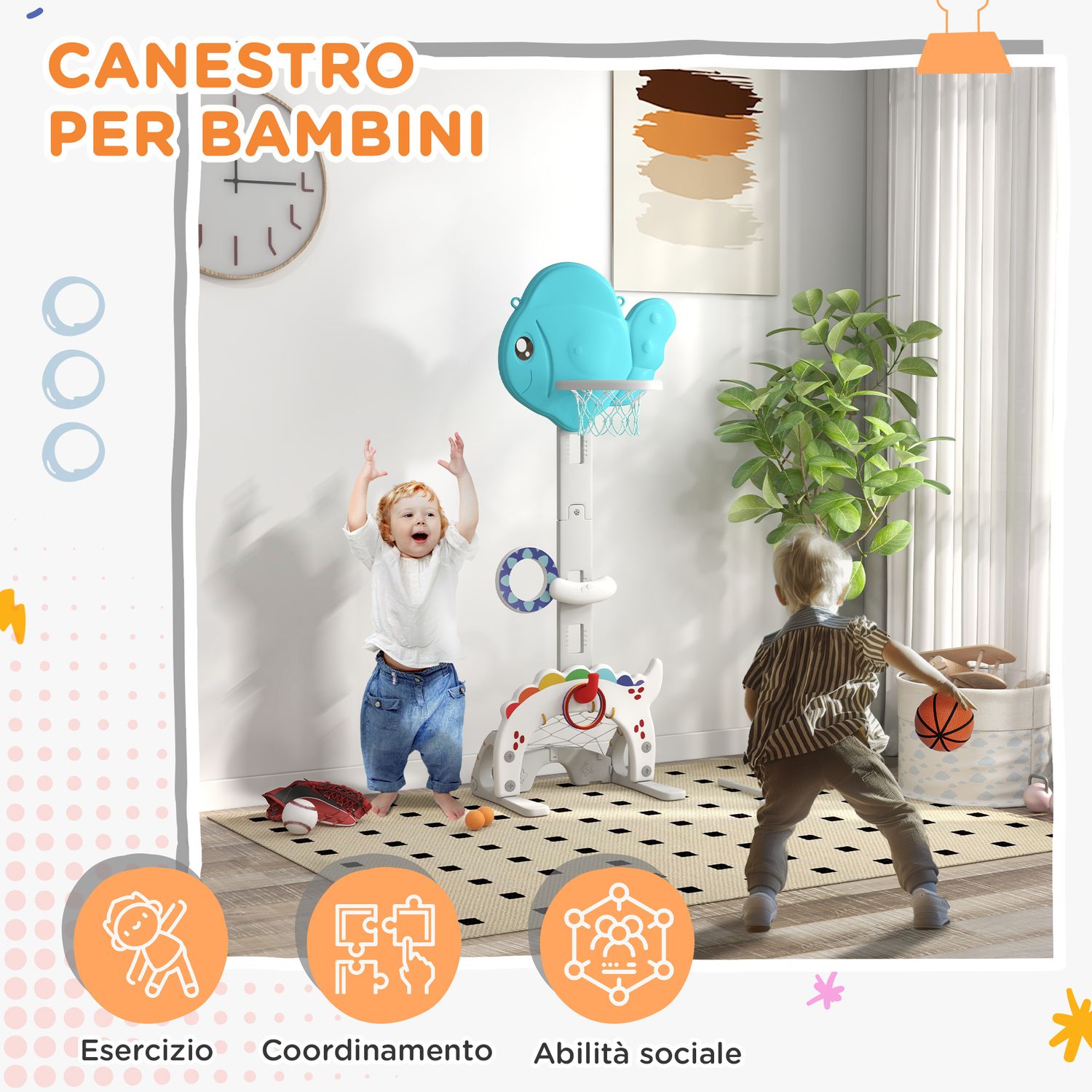 Canestro basket per bambini 5 in 1 con altezza regolabile, porta da calcio e golf, età 3-6 anni - 