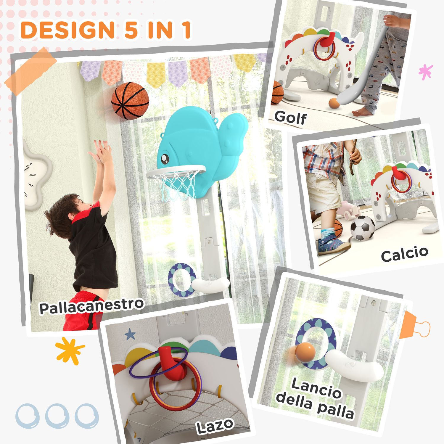 Canestro basket per bambini 5 in 1 con altezza regolabile, porta da calcio e golf, età 3-6 anni - 