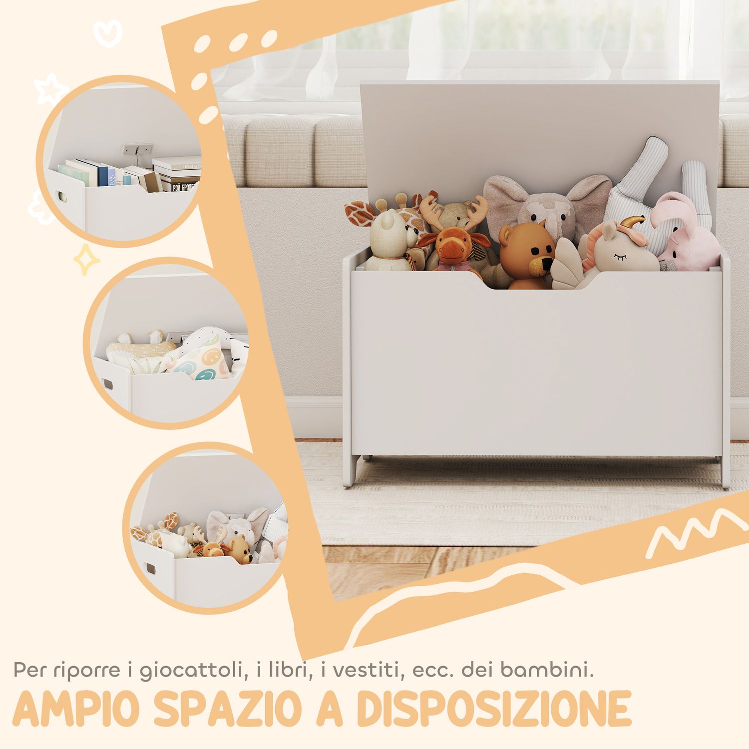 Baule portagiochi in legno a forma di orso e capacità 20 kg 60x38x48 cm, bianco - 