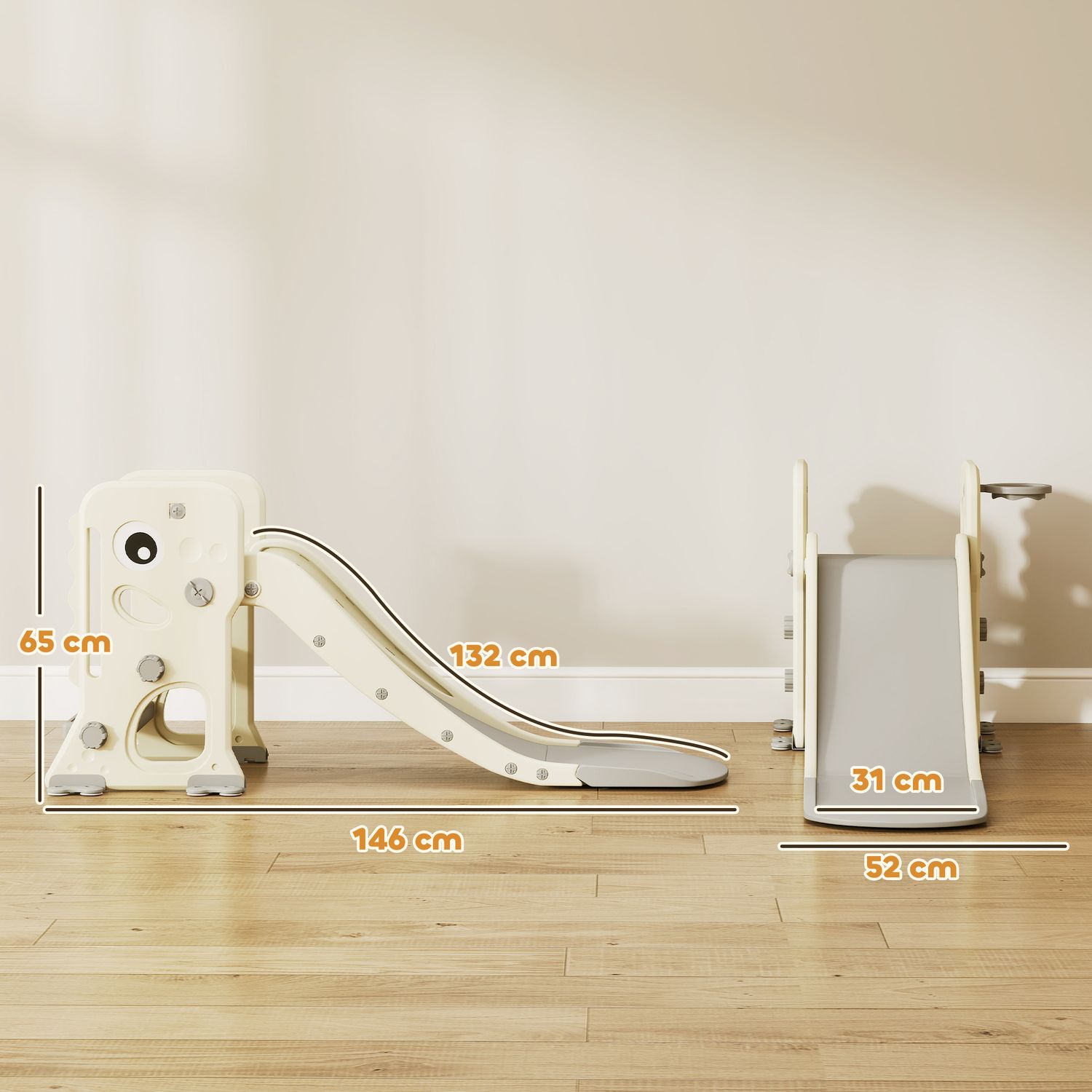 Scivolo per bambini pieghevole con canestro e palla da basket, in pp e hdpe, 146x52x65 cm, grigio e crema - 