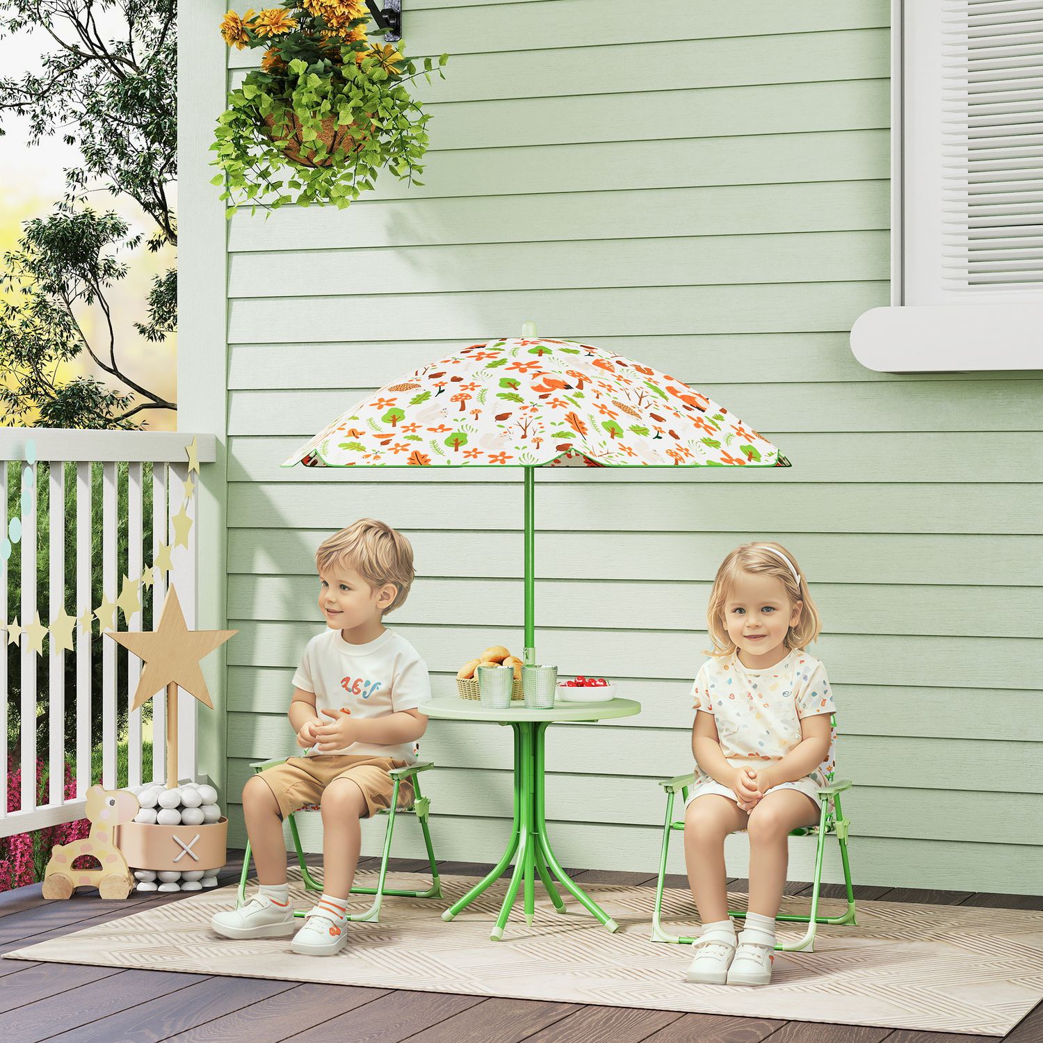 Set da giardino per bambini 2-5 anni con tavolino rotondo, 2 sedie pieghevoli e un ombrellone, verde - 