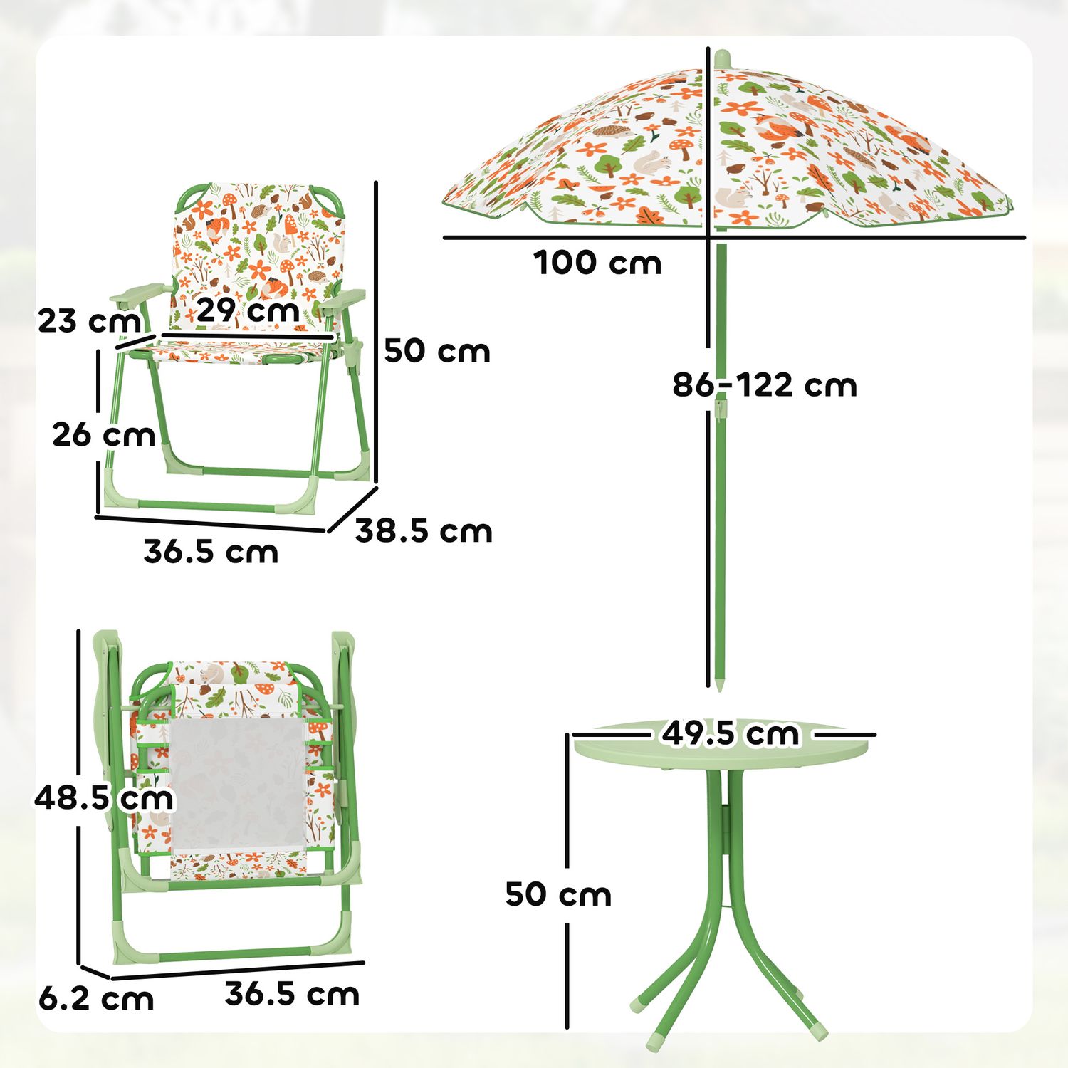 Set da giardino per bambini 2-5 anni con tavolino rotondo, 2 sedie pieghevoli e un ombrellone, verde - 