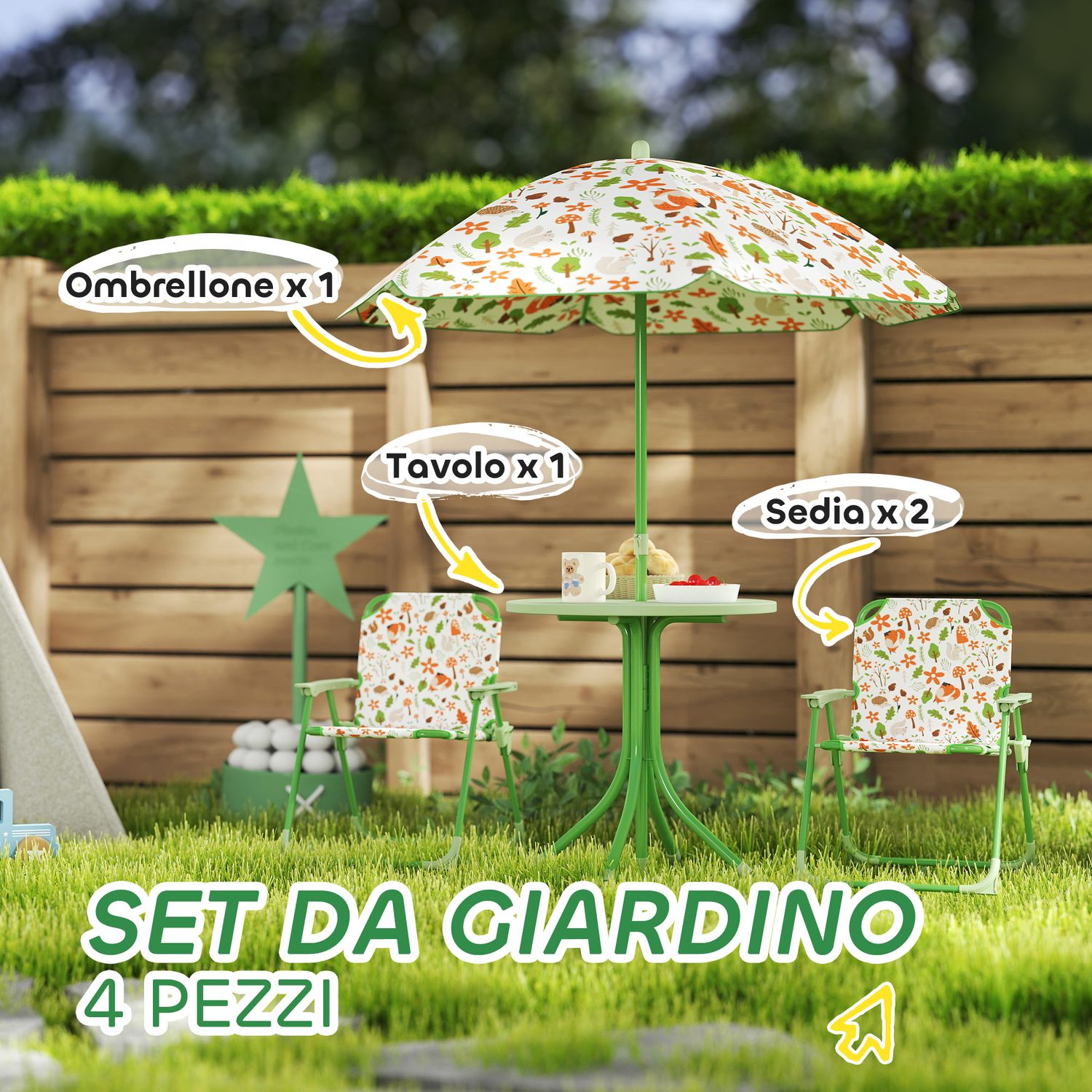Set da giardino per bambini 2-5 anni con tavolino rotondo, 2 sedie pieghevoli e un ombrellone, verde - 