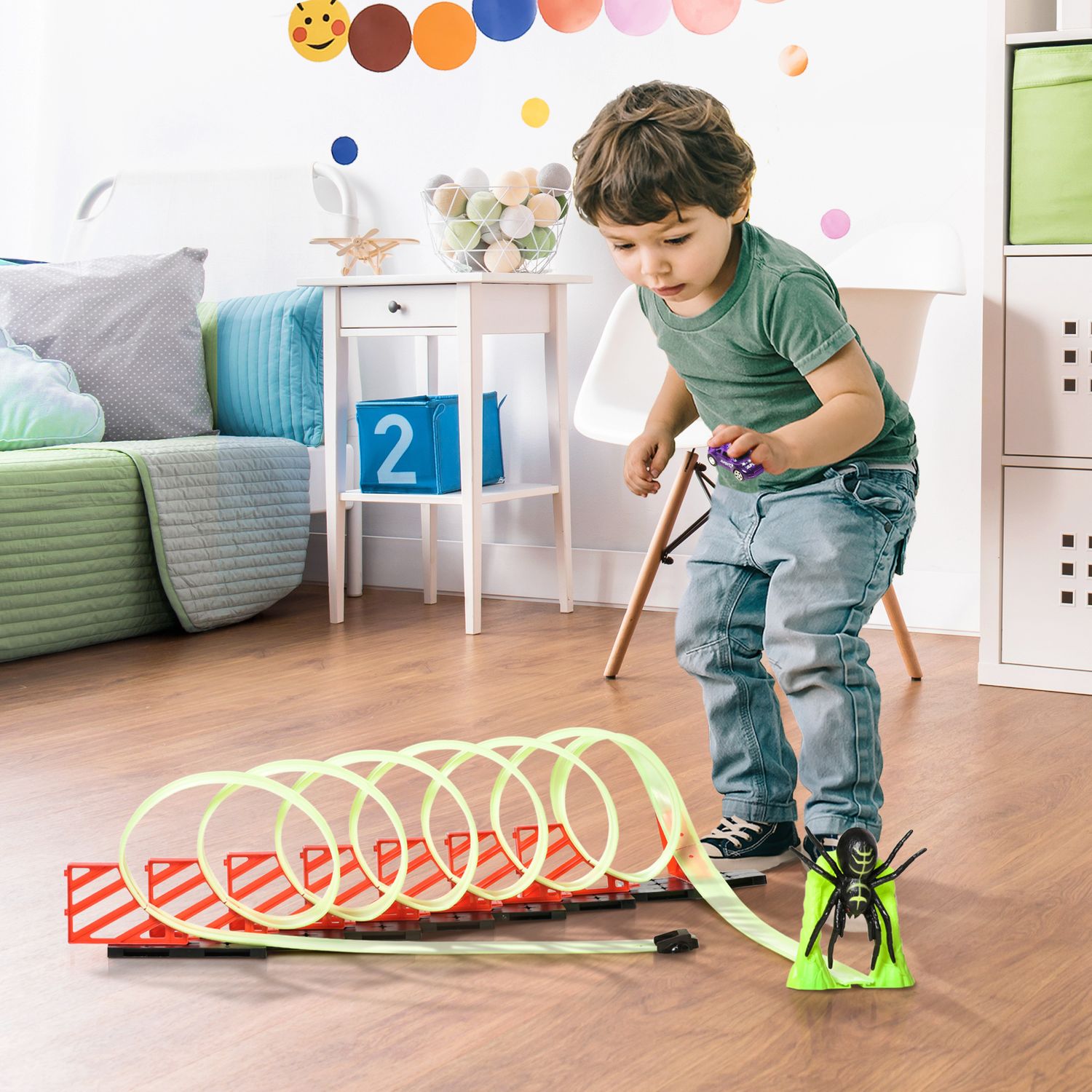 Pista per macchinine con effetti luminosi e automobilina, per bambini da 3-6 anni, 86x67x21cm - 