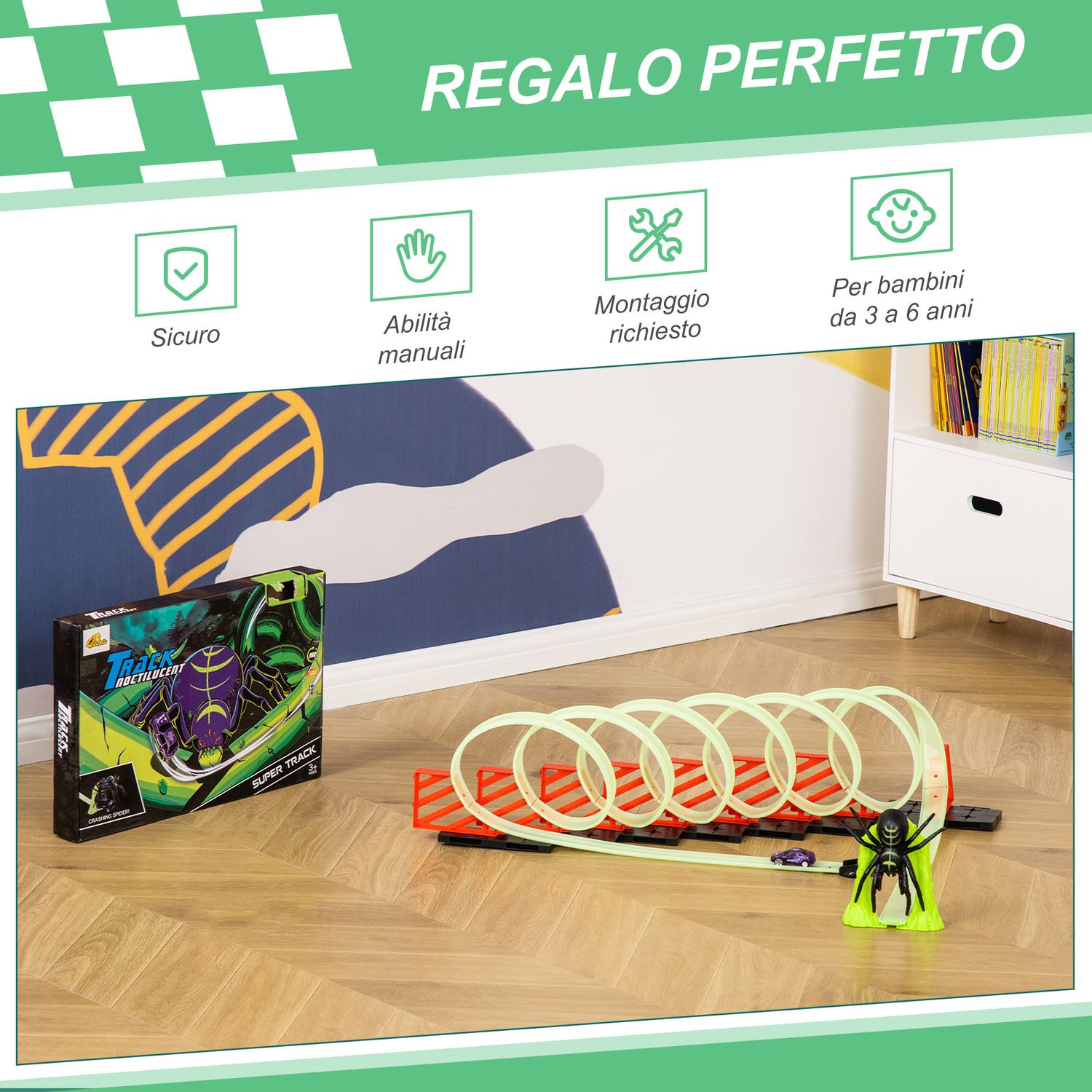 Pista per macchinine con effetti luminosi e automobilina, per bambini da 3-6 anni, 86x67x21cm - 