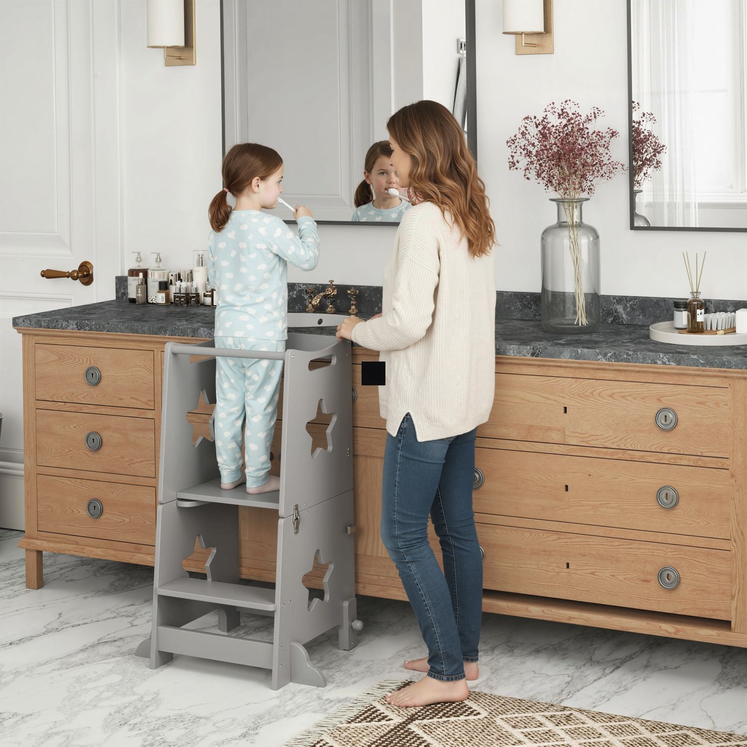 Scala montessori convertibile in set tavolo e sedie con barra di sicurezza, in legno, 60x44.5x86 cm, grigio - 