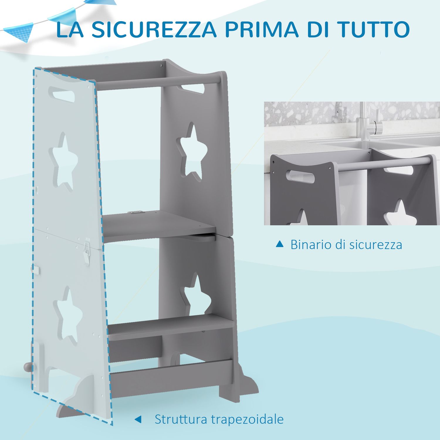 Scala montessori convertibile in set tavolo e sedie con barra di sicurezza, in legno, 60x44.5x86 cm, grigio - 