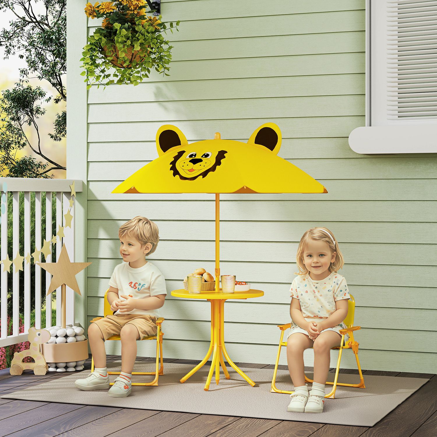 Set da giardino per bambini 2-5 anni con tavolino rotondo, 2 sedie pieghevoli e un ombrellone, giallo - 