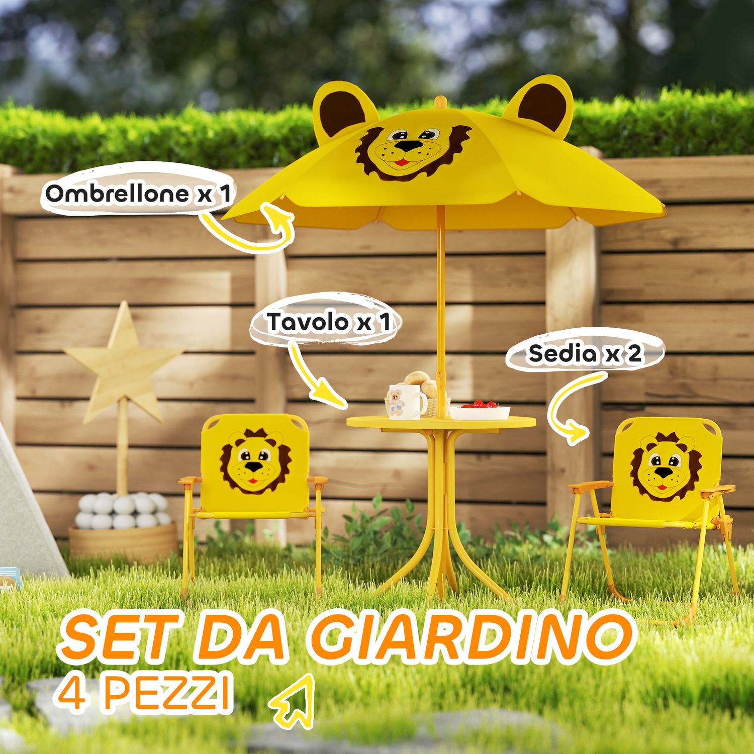 Set da giardino per bambini 2-5 anni con tavolino rotondo, 2 sedie pieghevoli e un ombrellone, giallo - 