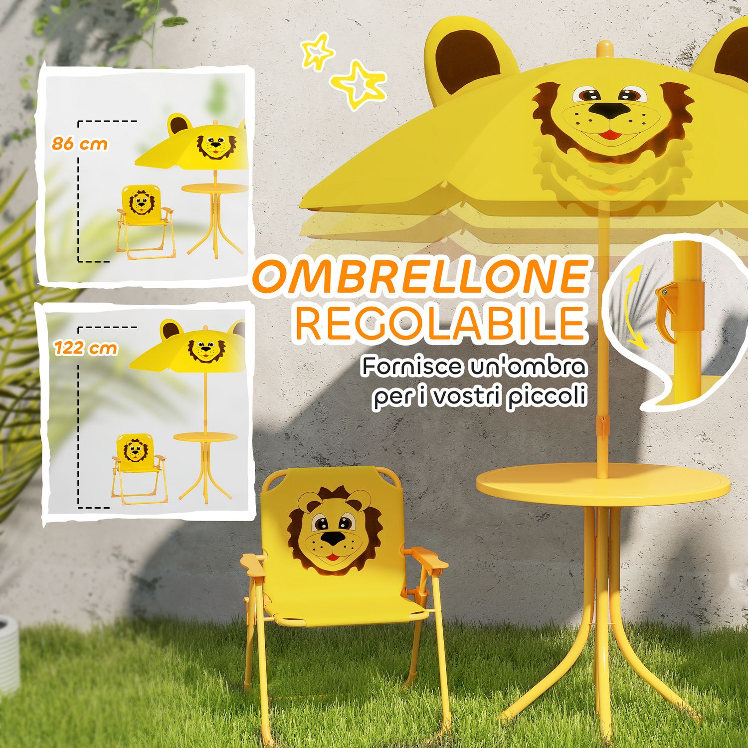 Set da giardino per bambini 2-5 anni con tavolino rotondo, 2 sedie pieghevoli e un ombrellone, giallo - 