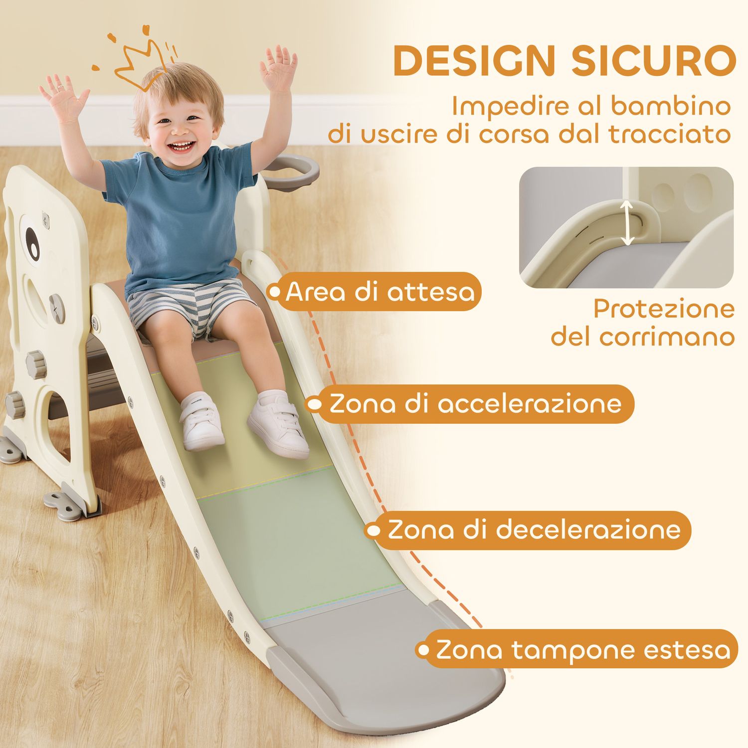 Scivolo per bambini pieghevole con canestro e palla da basket, in pp e hdpe, 146x52x65 cm, grigio e crema - 