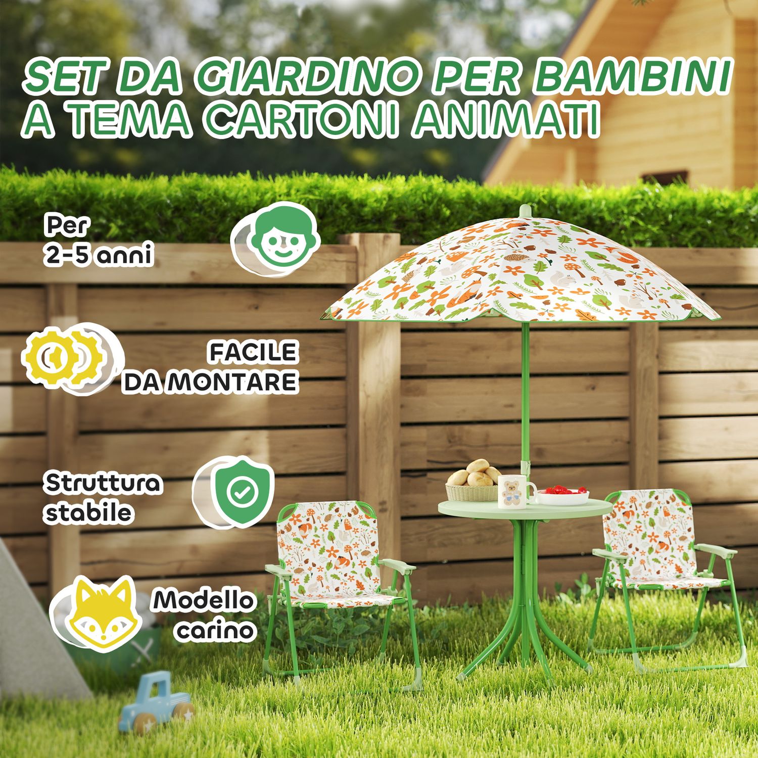 Set da giardino per bambini 2-5 anni con tavolino rotondo, 2 sedie pieghevoli e un ombrellone, verde - 