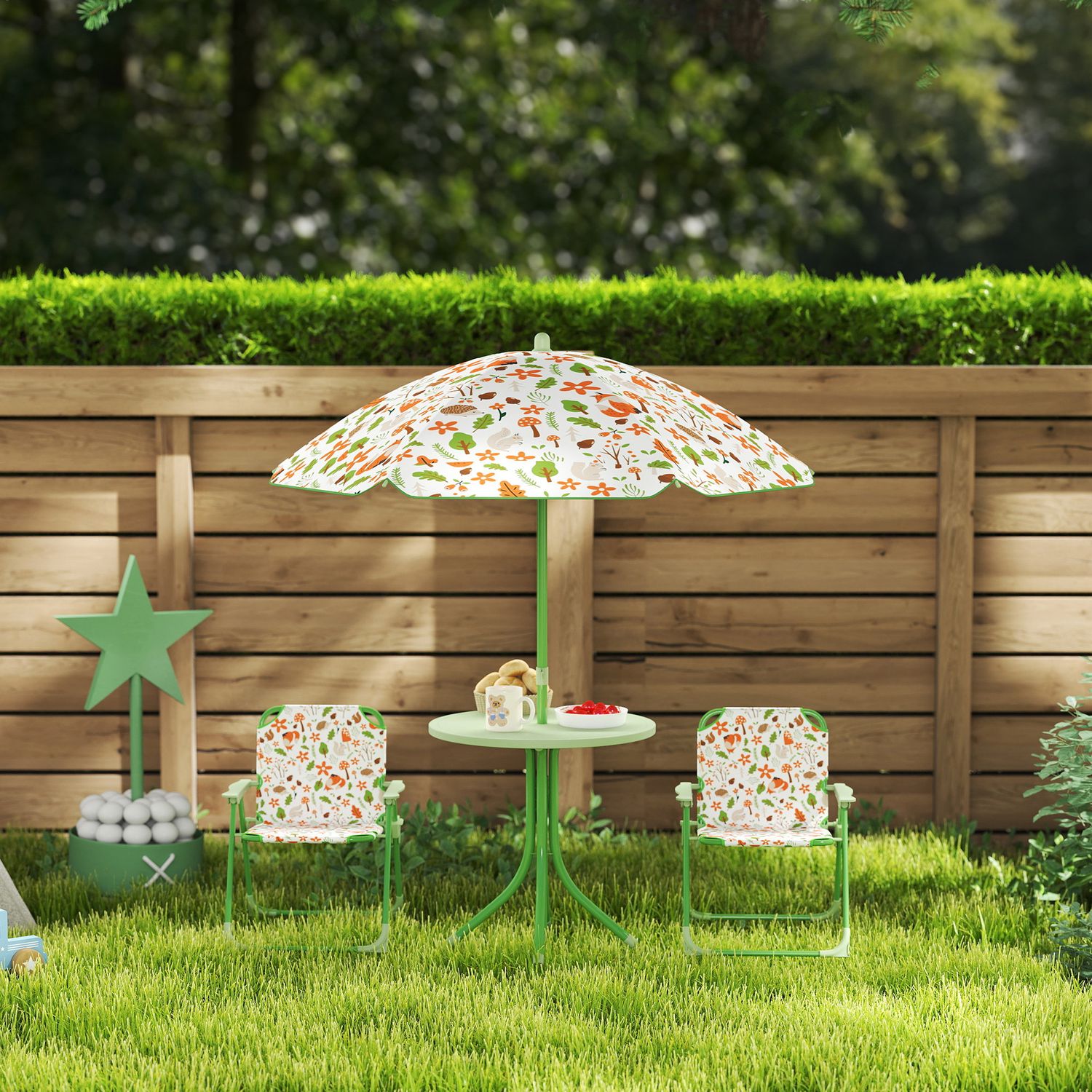 Set da giardino per bambini 2-5 anni con tavolino rotondo, 2 sedie pieghevoli e un ombrellone, verde - 