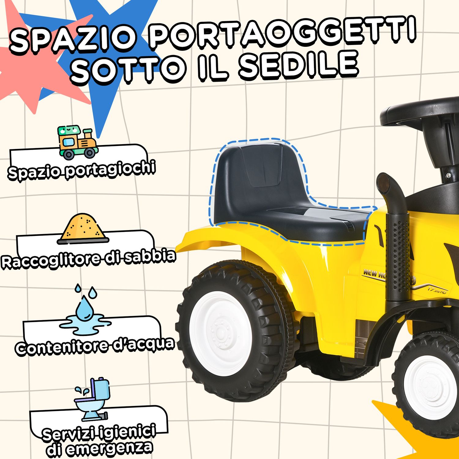 Trattore giocattolo per bambini cavalcabile con rimorchio, rastrello e pala, gioco educativo per bimbi 12-36 mesi, 91x29x44cm, giallo - 