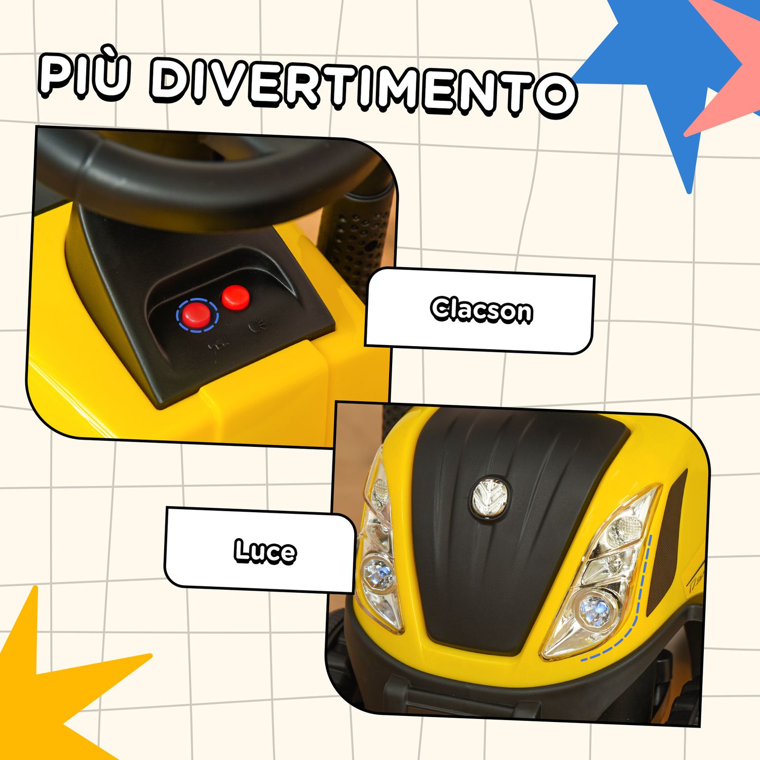 Trattore giocattolo per bambini cavalcabile con rimorchio, rastrello e pala, gioco educativo per bimbi 12-36 mesi, 91x29x44cm, giallo - 