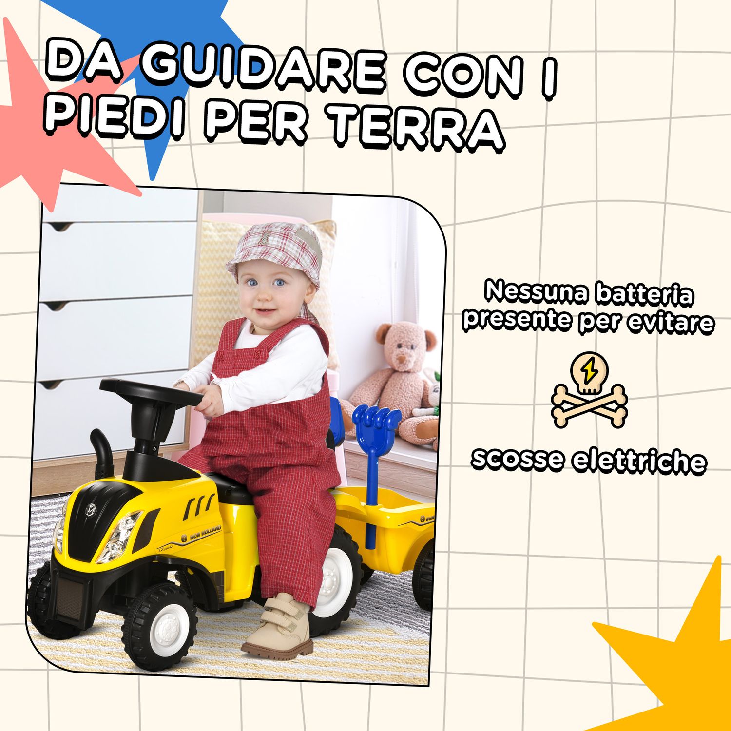 Trattore giocattolo per bambini cavalcabile con rimorchio, rastrello e pala, gioco educativo per bimbi 12-36 mesi, 91x29x44cm, giallo - 