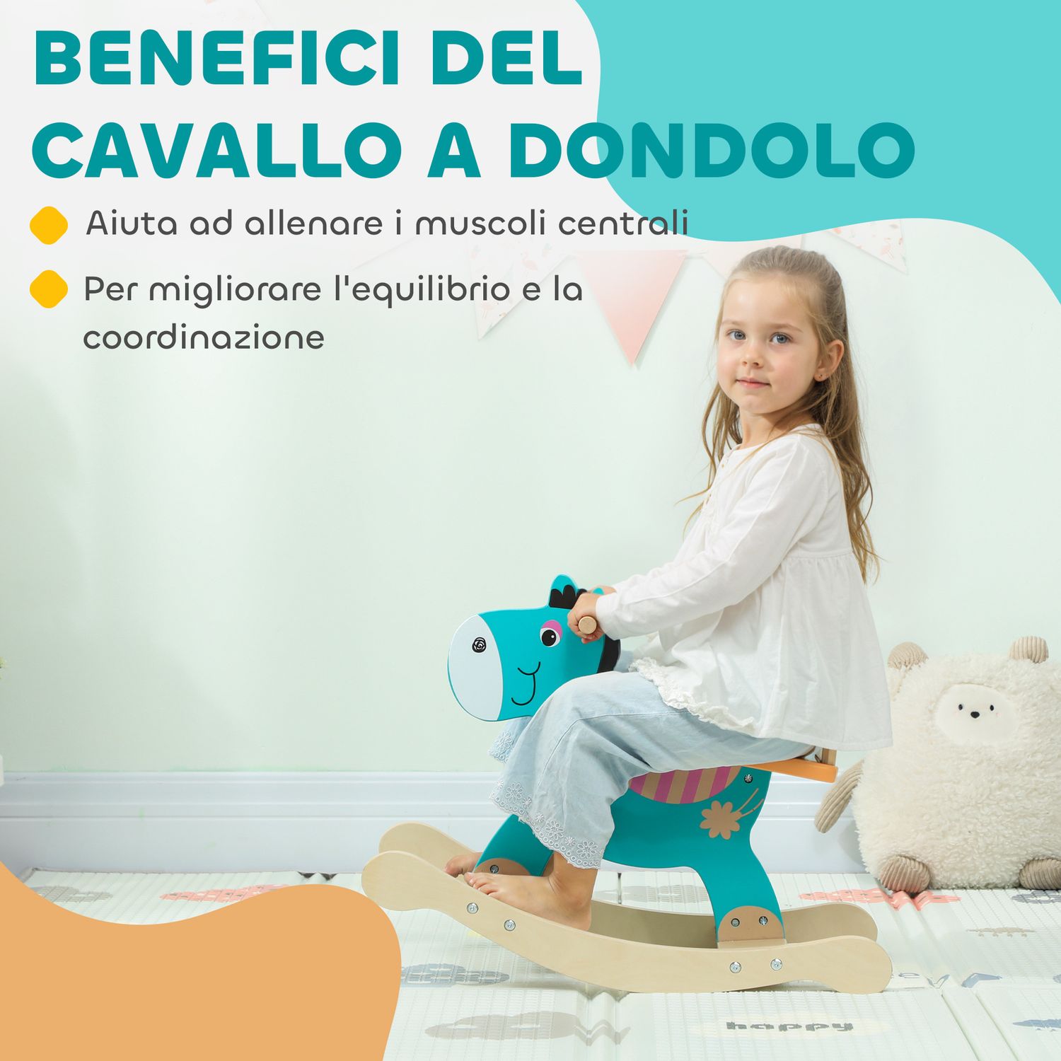 Cavallo a dondolo a forma di asino per bambini con base larga, in legno, 59x27x43 cm, verde scuro e arancione - 