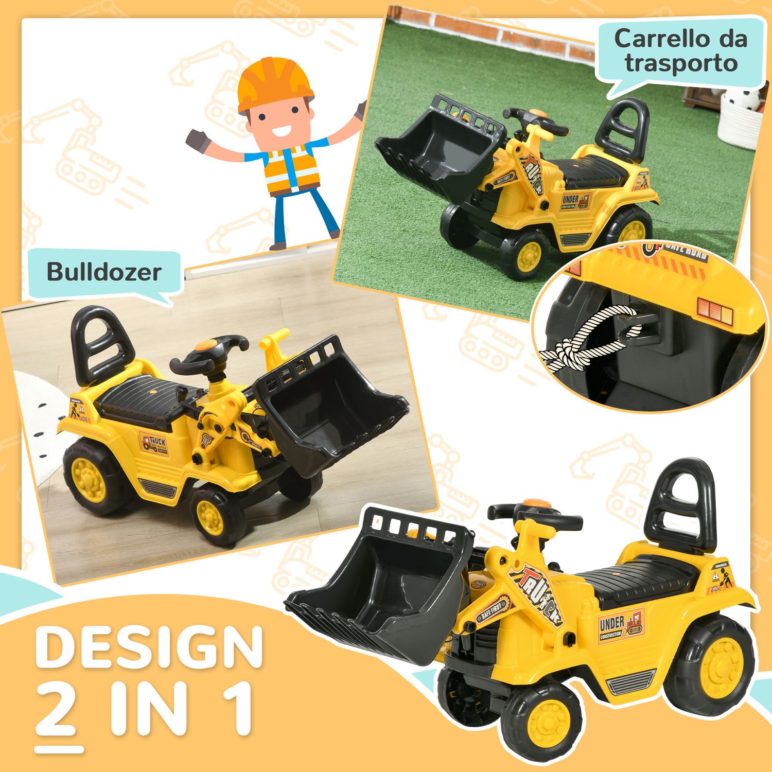 Escavatore per bambini con benna e spazio contenitore a scomparsa, in pp e abs, 80x26.5x39 cm, giallo e nero - 