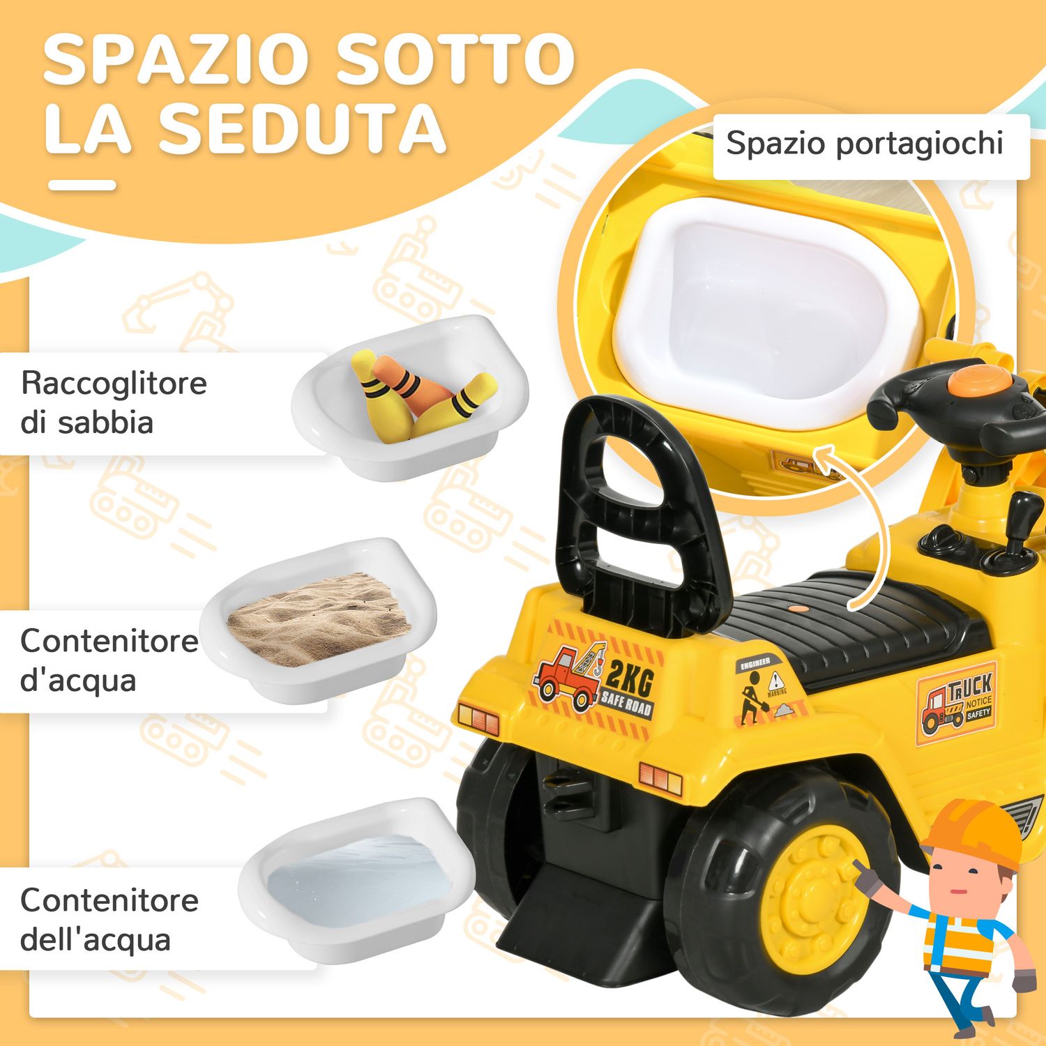 Escavatore per bambini con benna e spazio contenitore a scomparsa, in pp e abs, 80x26.5x39 cm, giallo e nero - 