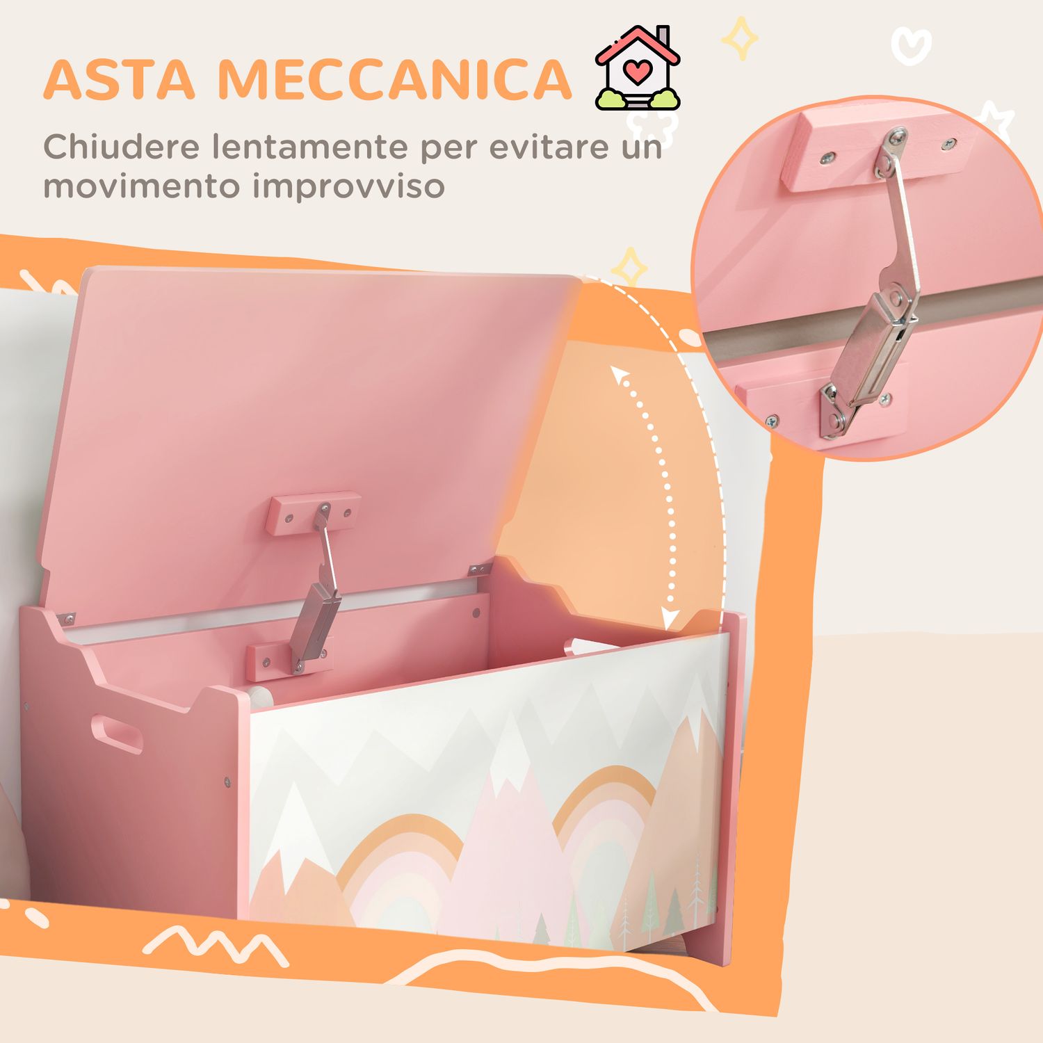 Baule portagiochi per bambini con coperchio e cerniera di sicurezza in mdf, 60x37x39cm, rosa - 