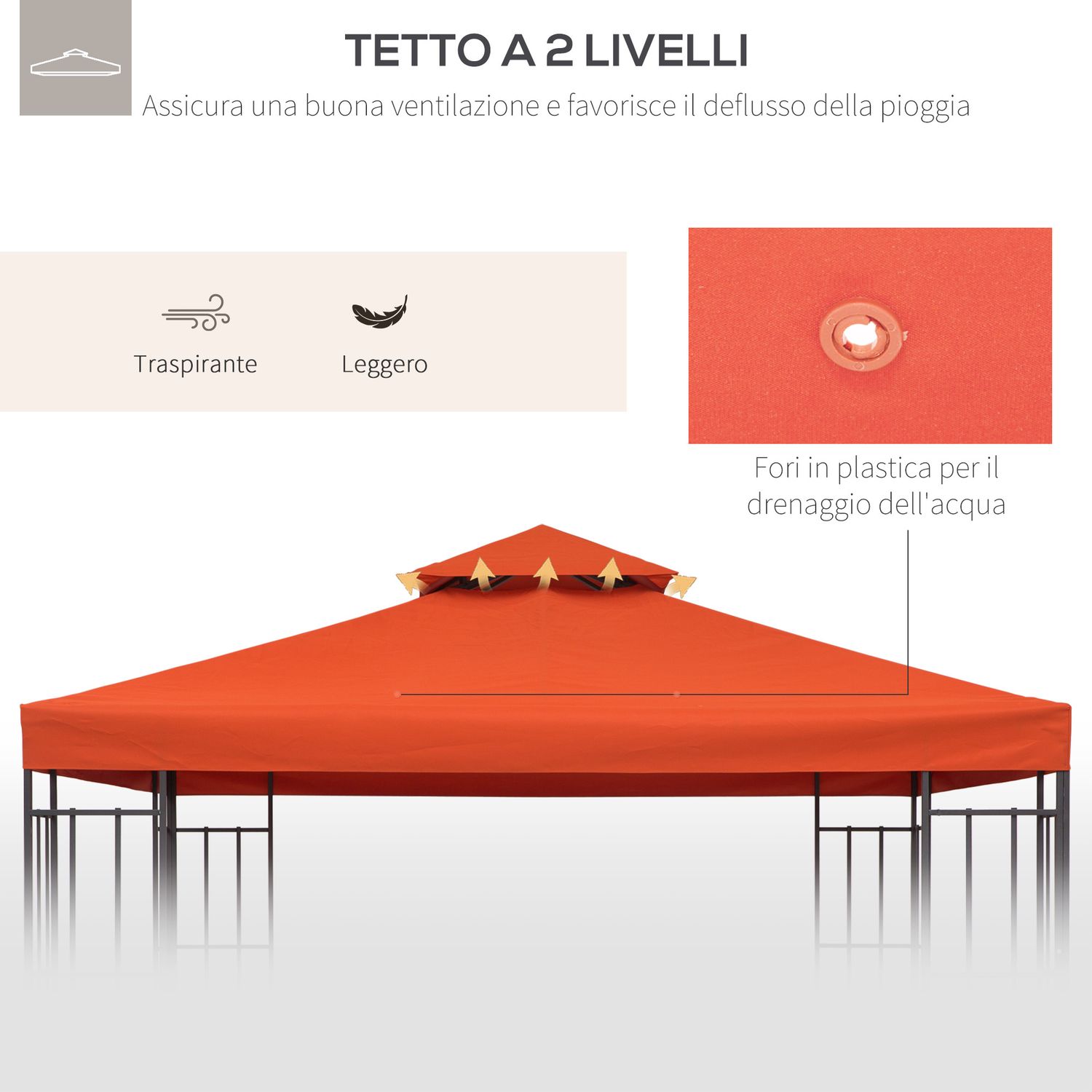 Copertura per gazebo 3x3 m a 2 livelli in poliestere resistente con 8 fori di drenaggio, rosso ruggine - 