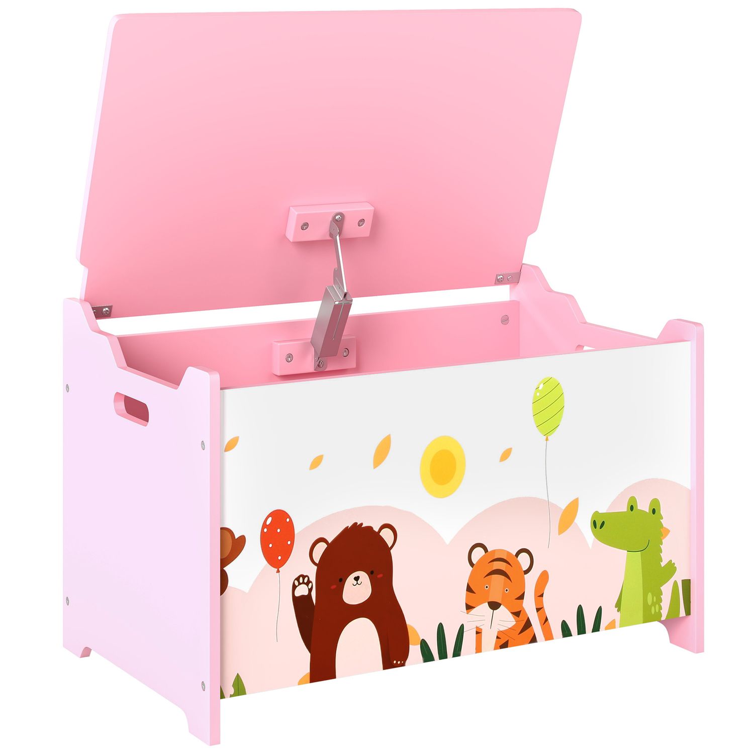 Baule portagiochi per bambini con cerniere di sicurezza in legno con disegni di animali, 60x37x39 cm, rosa - 