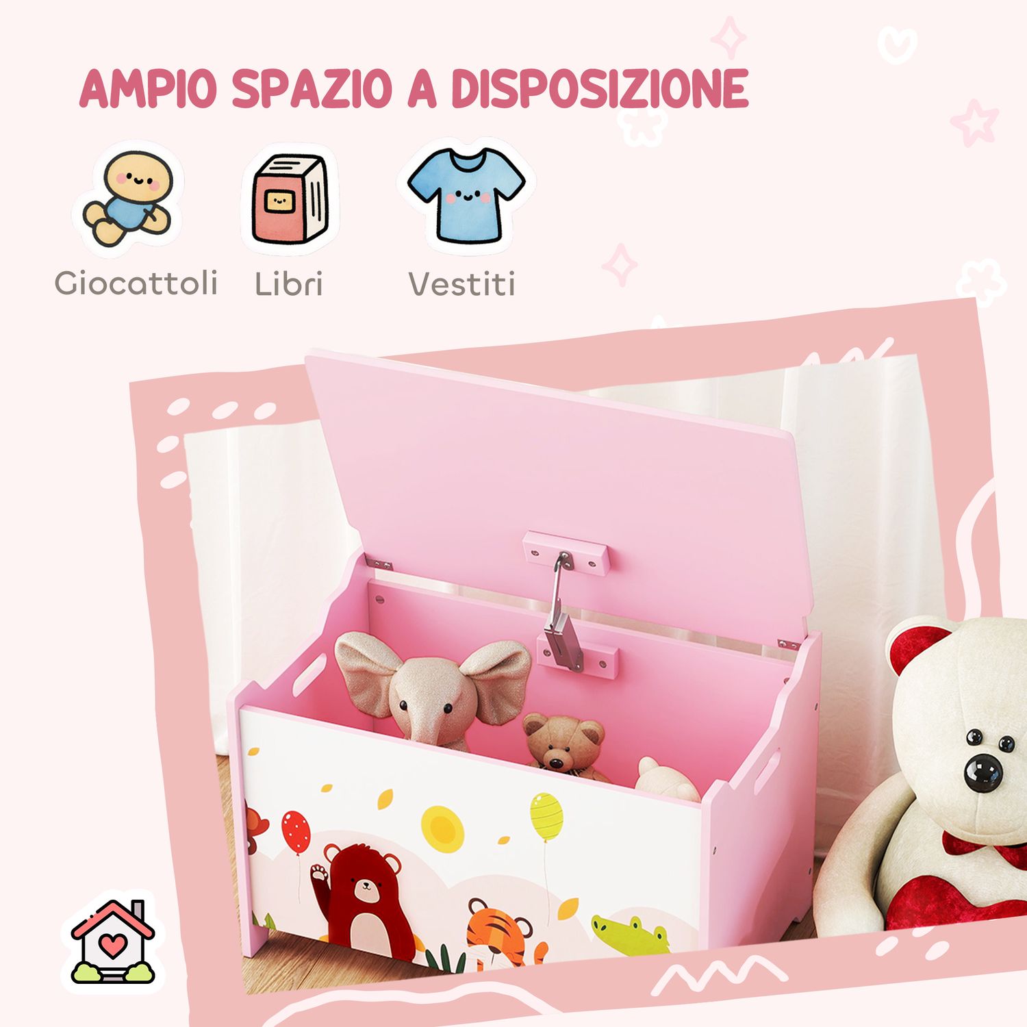 Baule portagiochi per bambini con cerniere di sicurezza in legno con disegni di animali, 60x37x39 cm, rosa - 