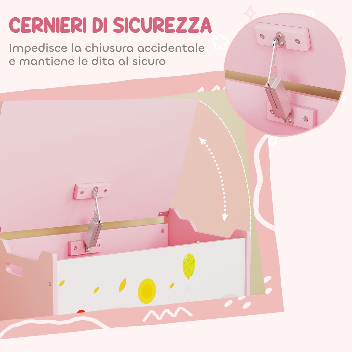 Baule portagiochi per bambini con cerniere di sicurezza in legno con disegni di animali, 60x37x39 cm, rosa - 