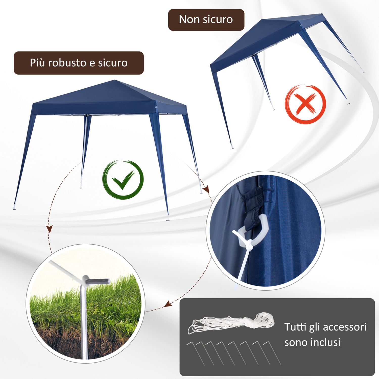 Gazebo pieghevole da giardino 2.4x2.4m con struttura in acciaio e corde antivento, blu - 