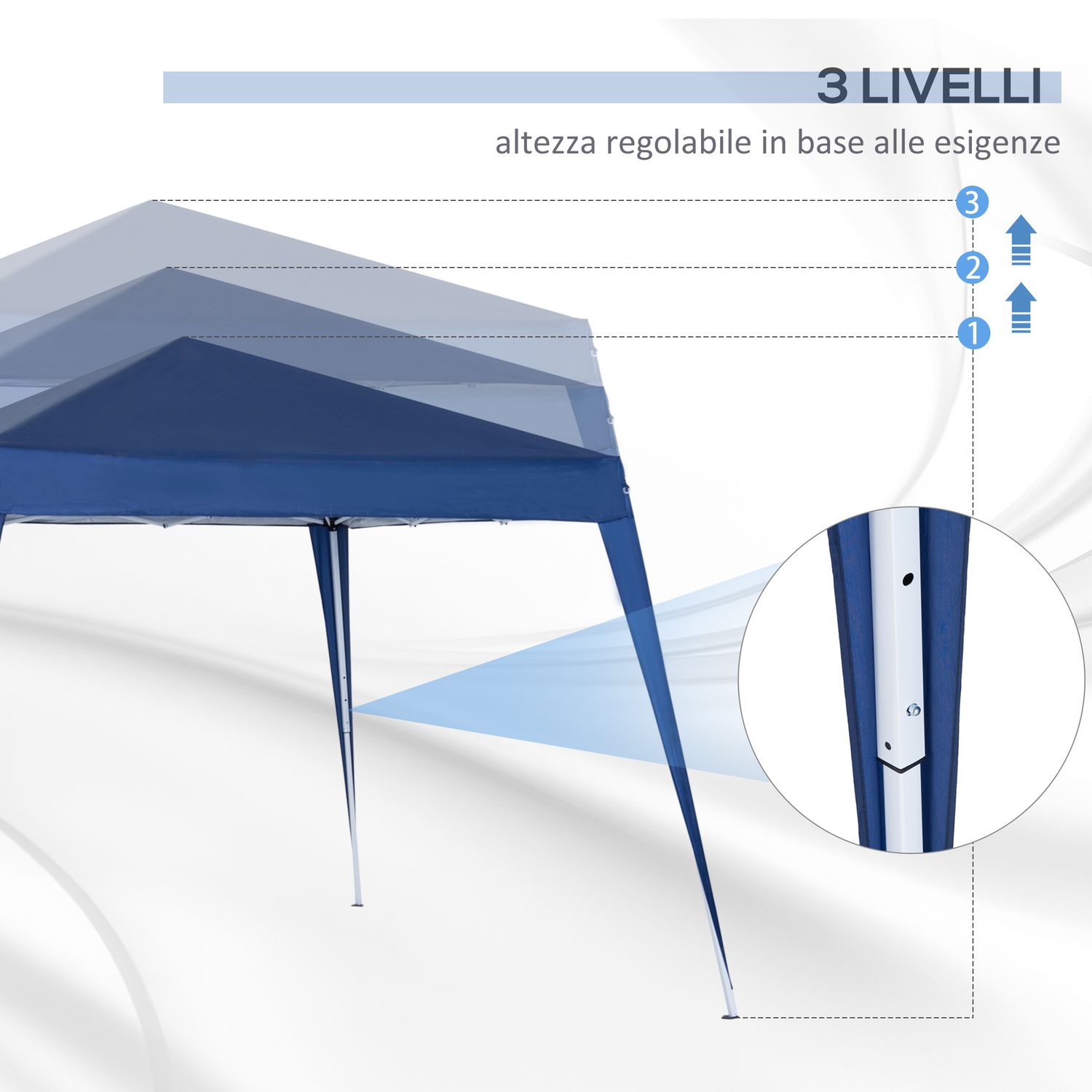 Gazebo pieghevole da giardino 2.4x2.4m con struttura in acciaio e corde antivento, blu - 