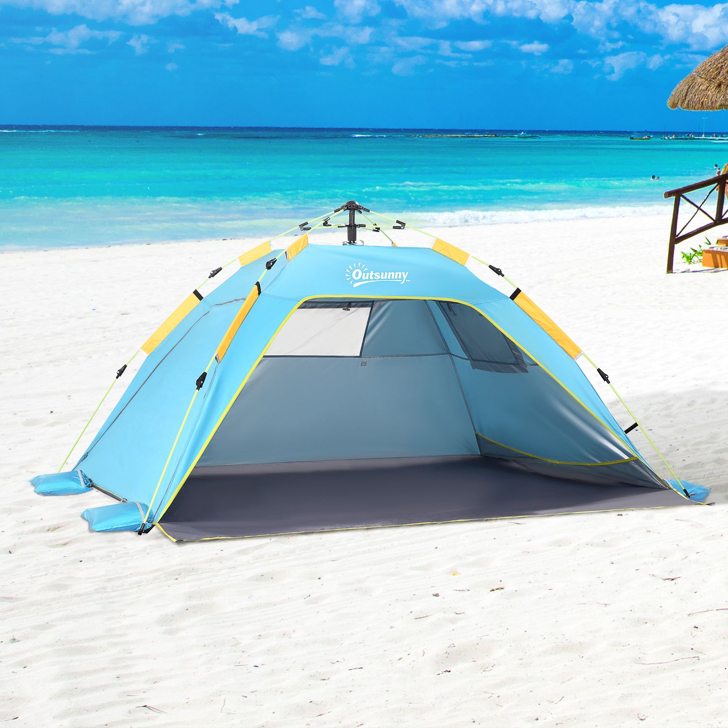 Tenda da spiaggia pop up con porta a cerniera, in poliestere e fibra di vetro, 220x173x120 cm, blu chiaro e giallo - 