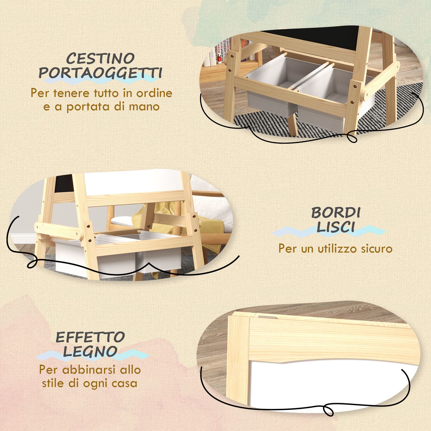 Lavagna per bambini con cavalletto 3 in 1 e cestini, età 3-6 anni, 58x50.5x109cm, color legno - 